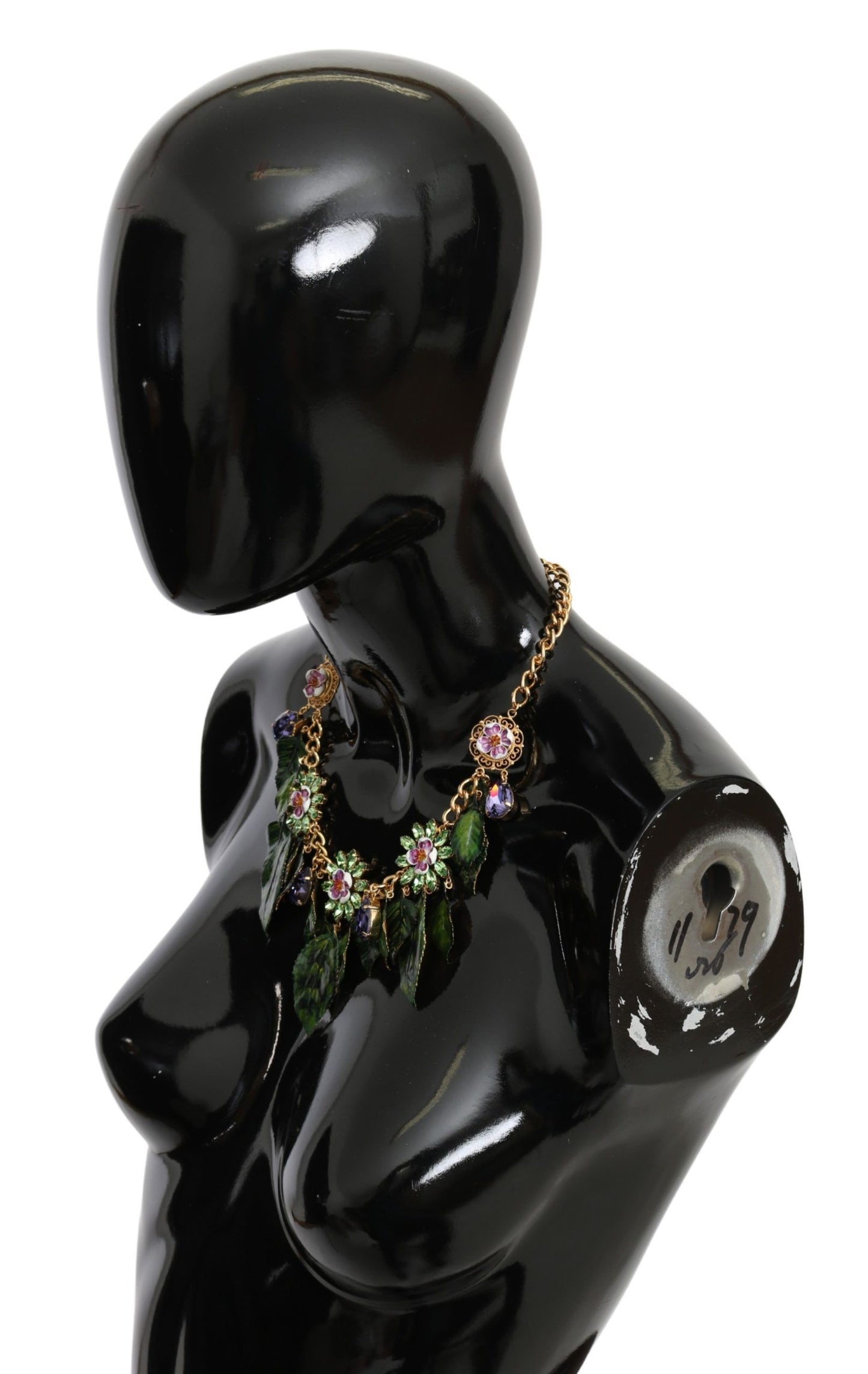 Dolce & Gabbana Halskette mit Blumenanhänger aus goldfarbenem Messing mit grünen Blättern und Kristallen