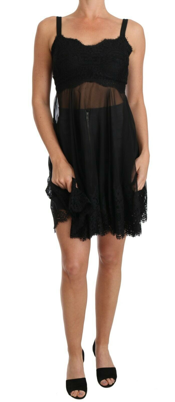 Dolce & Gabbana – Schwarzes Seidenspitzenkleid mit Chemise