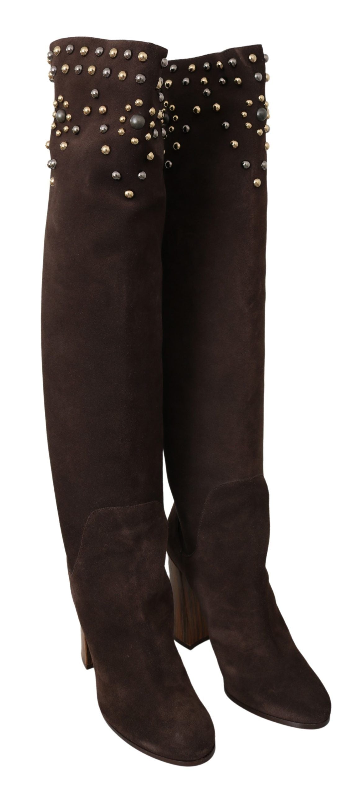 Dolce & Gabbana – Kniehohe Stiefel aus Wildleder in Braun mit Nieten