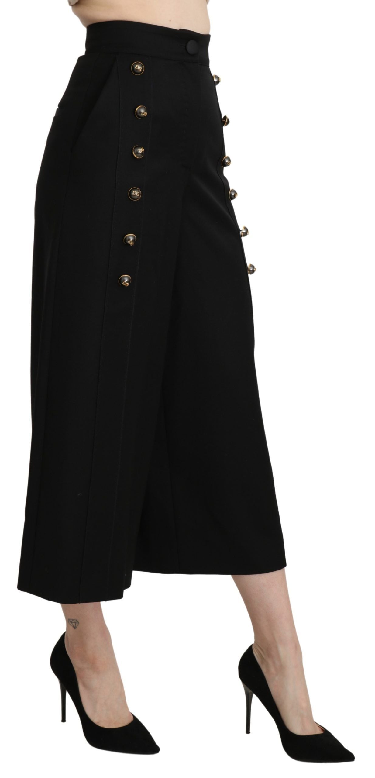 Dolce & Gabbana – Schwarze, verkürzte Wollhose mit weitem Bein