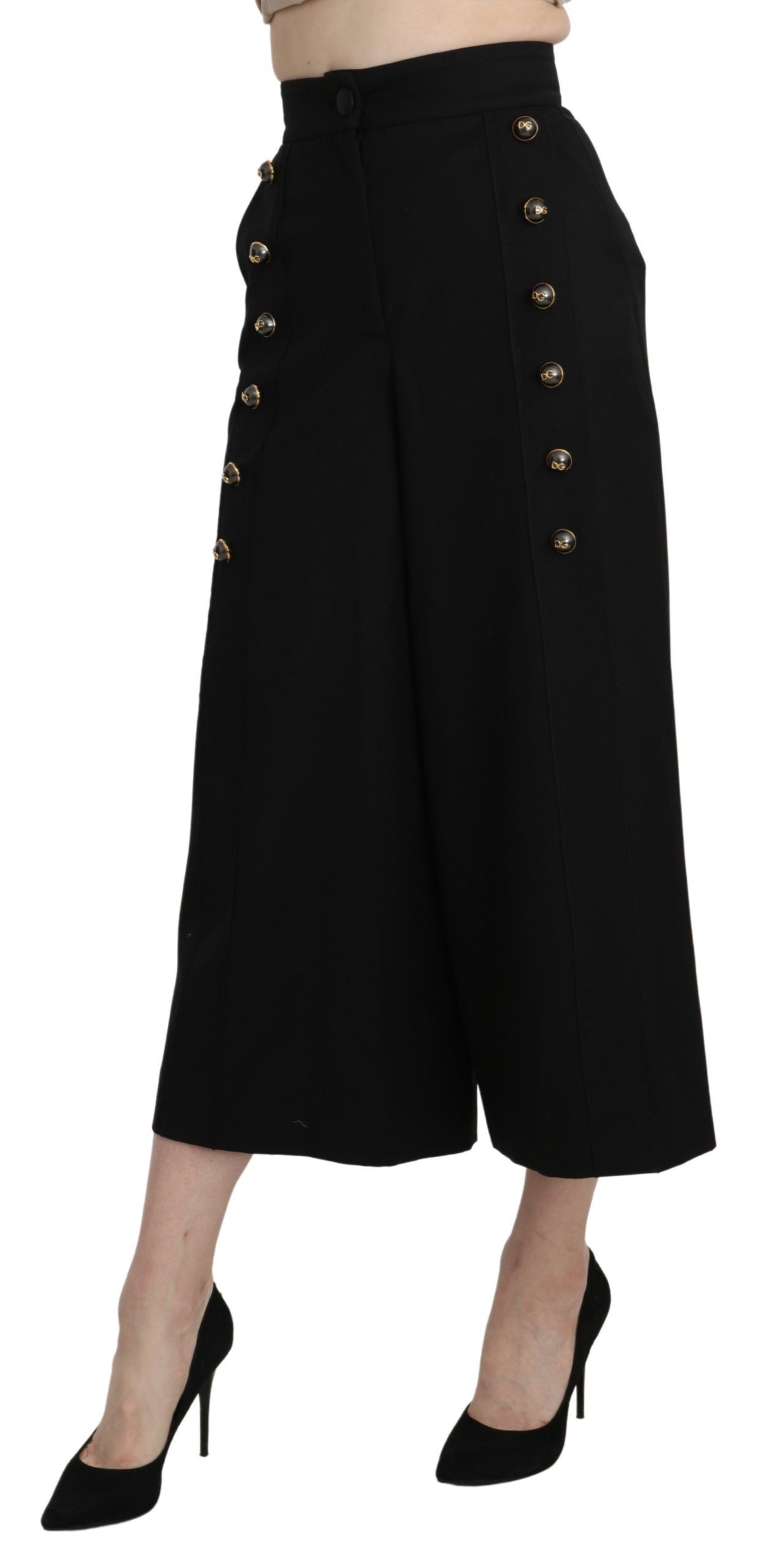 Dolce & Gabbana – Schwarze, verkürzte Wollhose mit weitem Bein