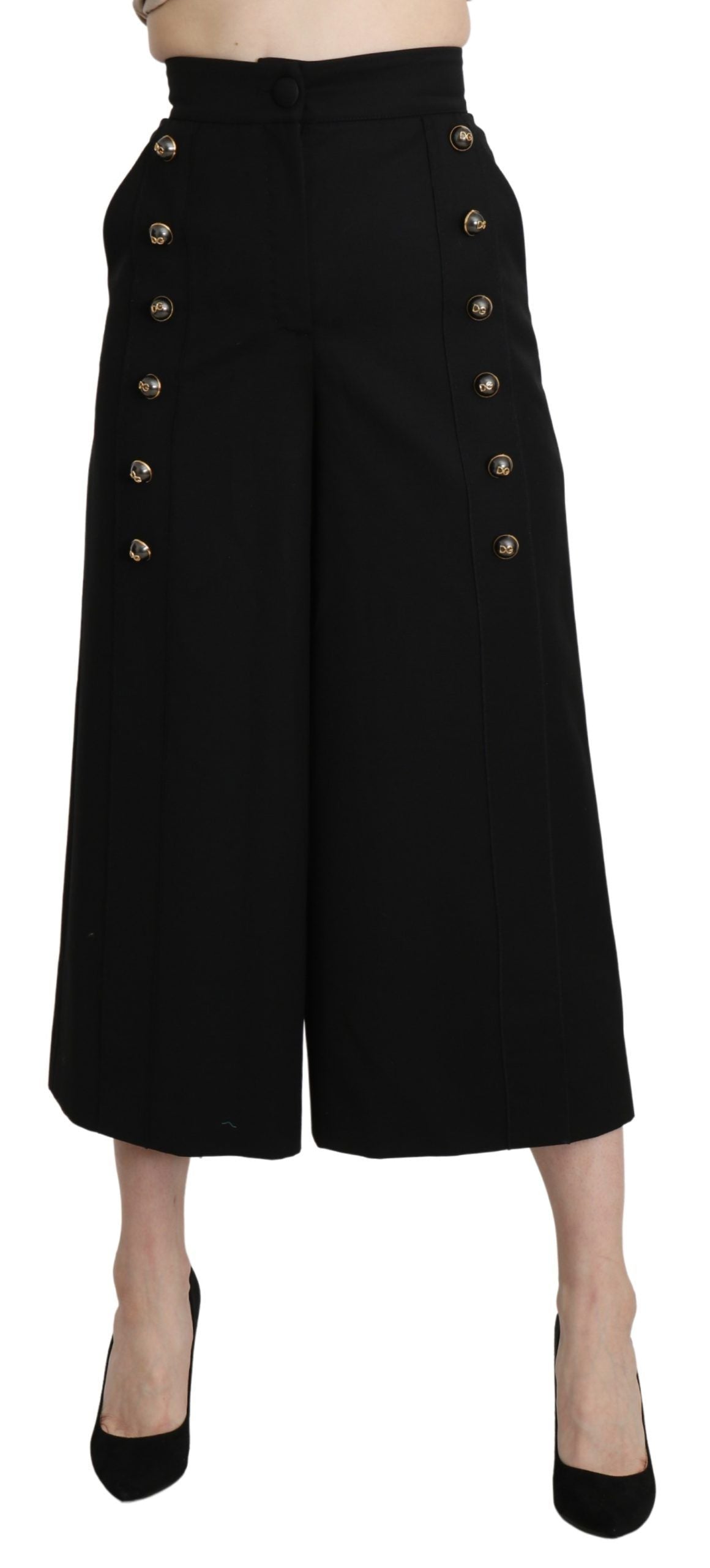 Dolce & Gabbana – Schwarze, verkürzte Wollhose mit weitem Bein
