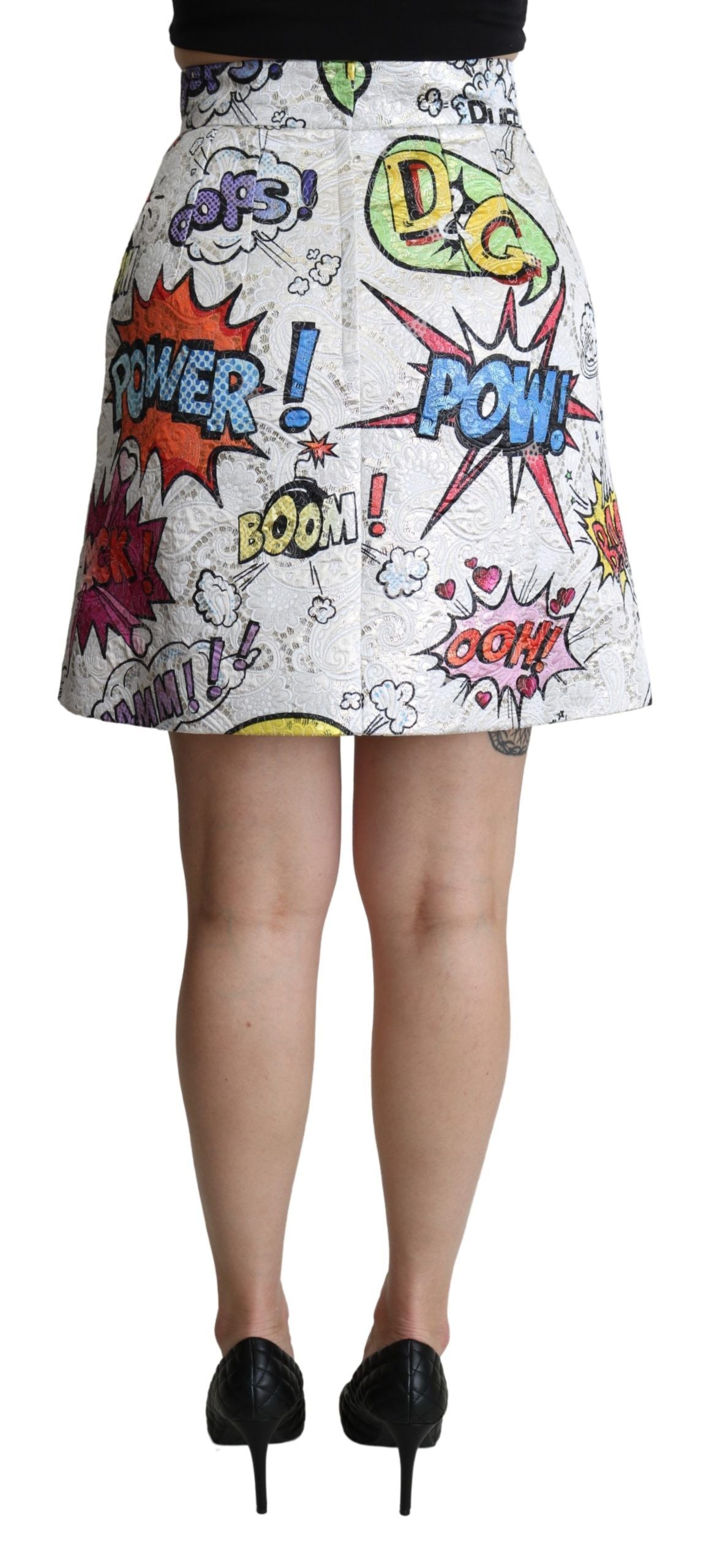 Dolce & Gabbana – Weißer A-Linien-Rock aus Brokat mit Cartoon-Muster und hoher Taille
