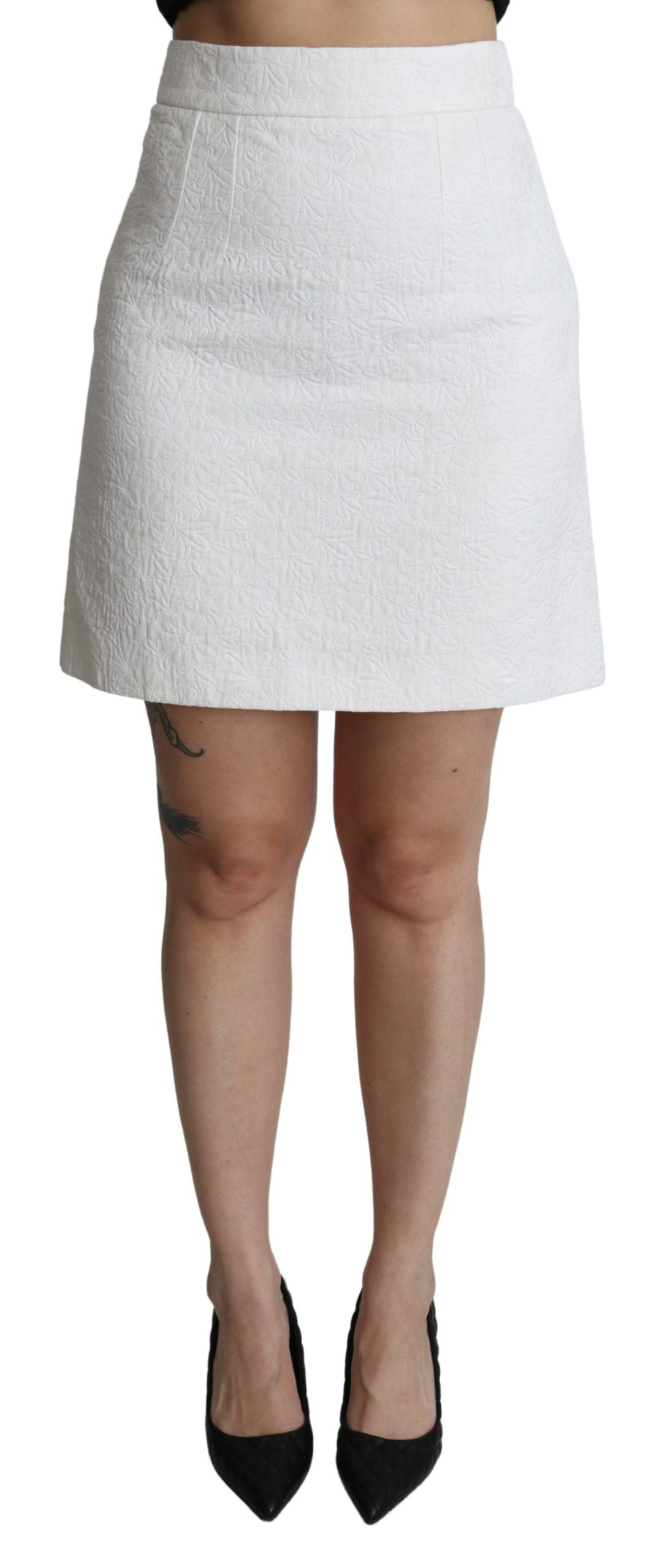 Dolce & Gabbana – Weißer Minirock aus Brokat mit Blumenmuster und hoher Taille