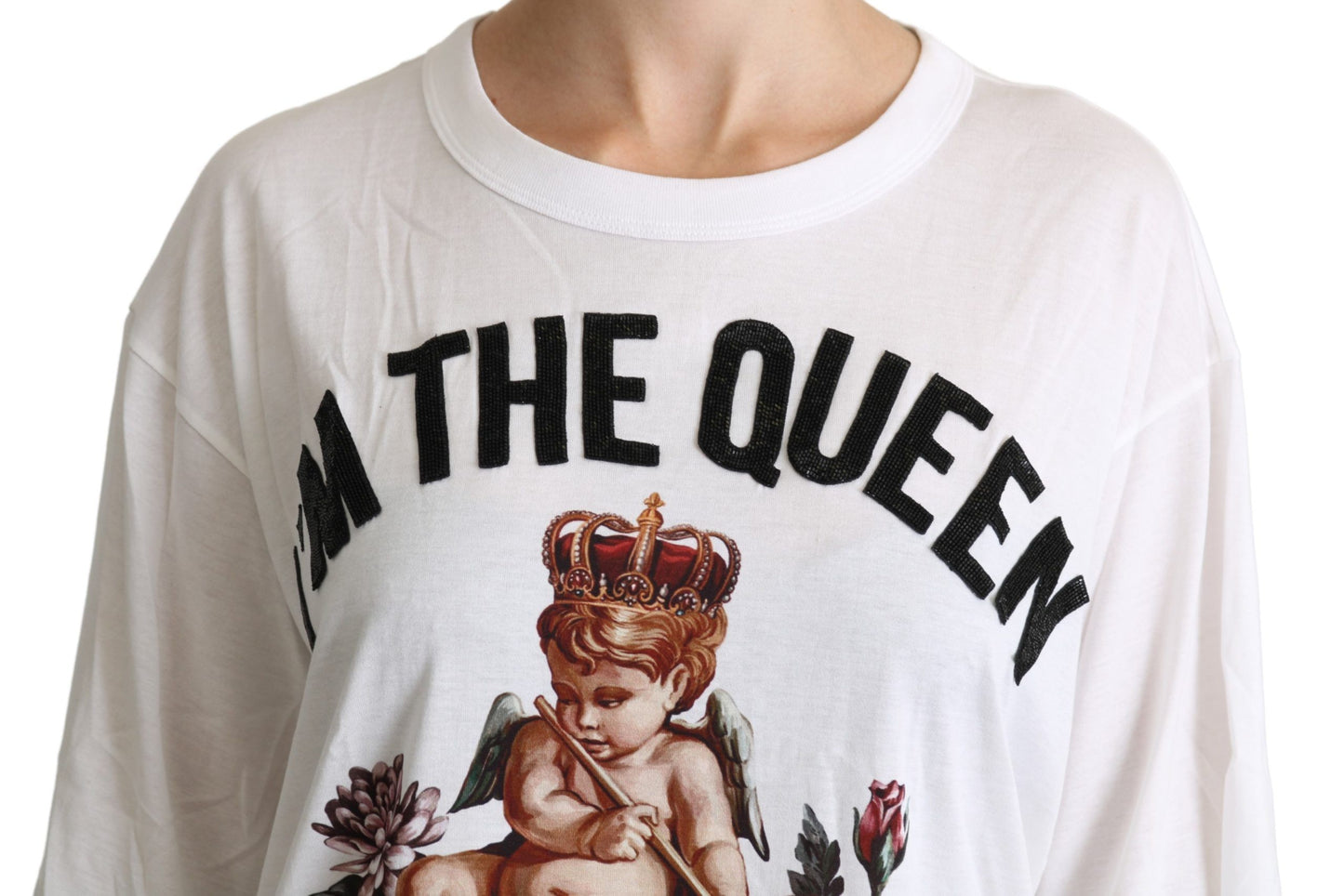 Dolce & Gabbana – Weißes Hemd aus Baumwolle mit Rundhalsausschnitt und Engelsdruck
