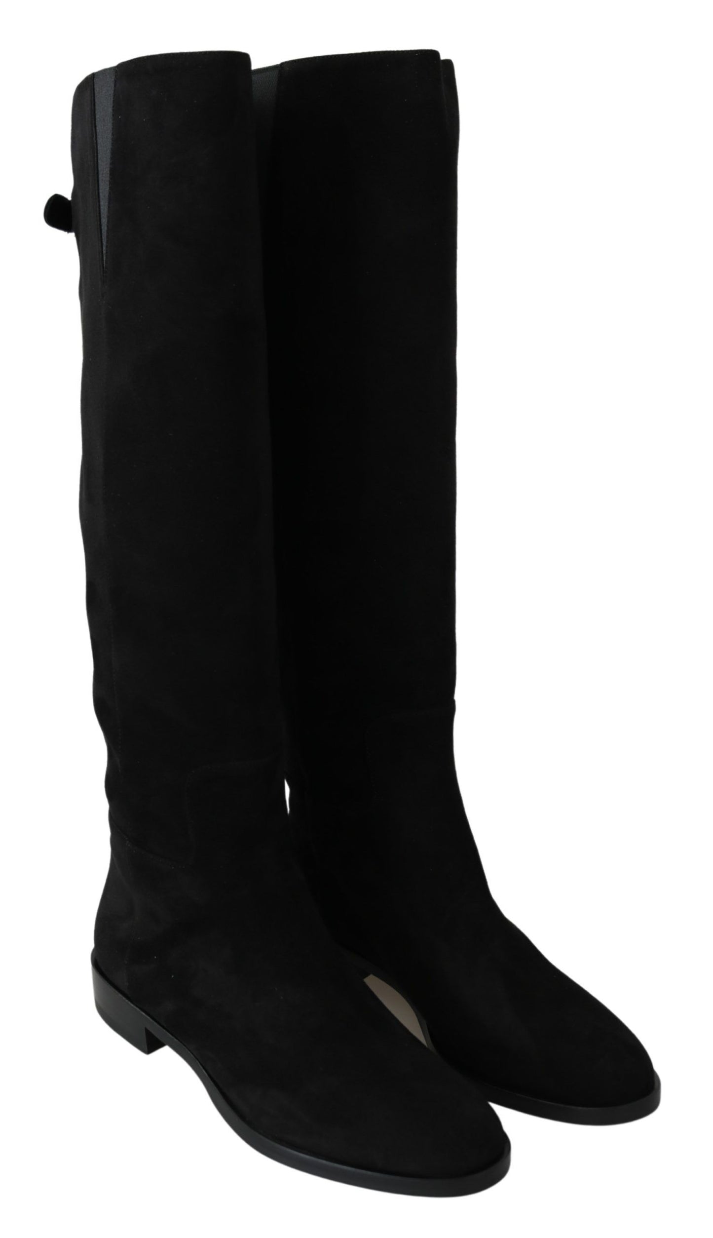 Dolce & Gabbana – Kniehohe, flache Stiefel aus schwarzem Wildleder