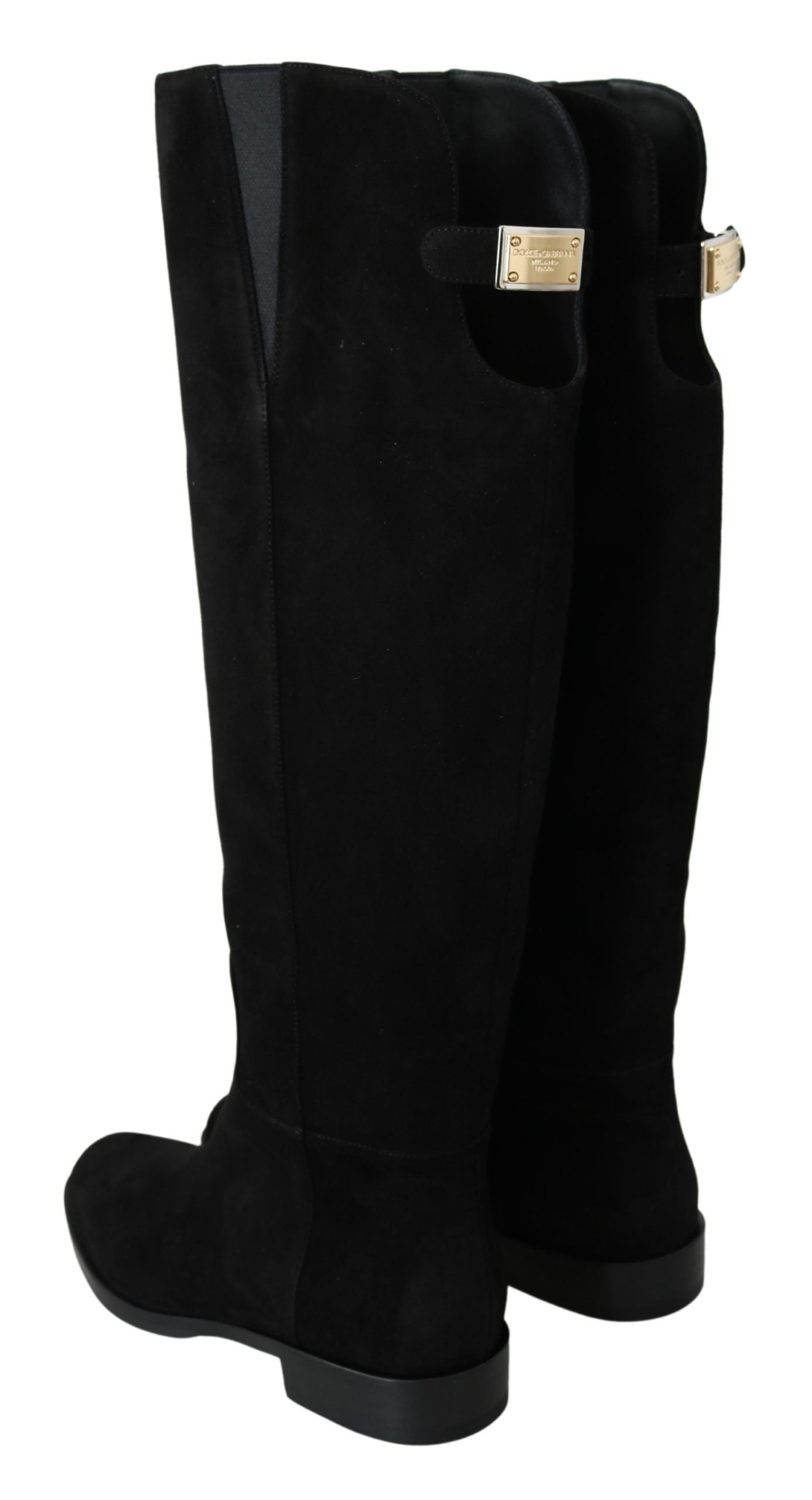 Dolce & Gabbana – Kniehohe, flache Stiefel aus schwarzem Wildleder