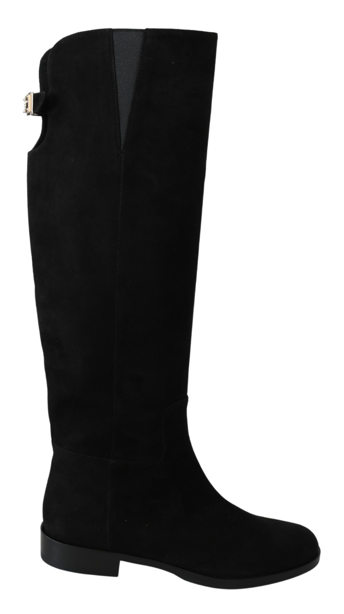Dolce & Gabbana – Kniehohe, flache Stiefel aus schwarzem Wildleder