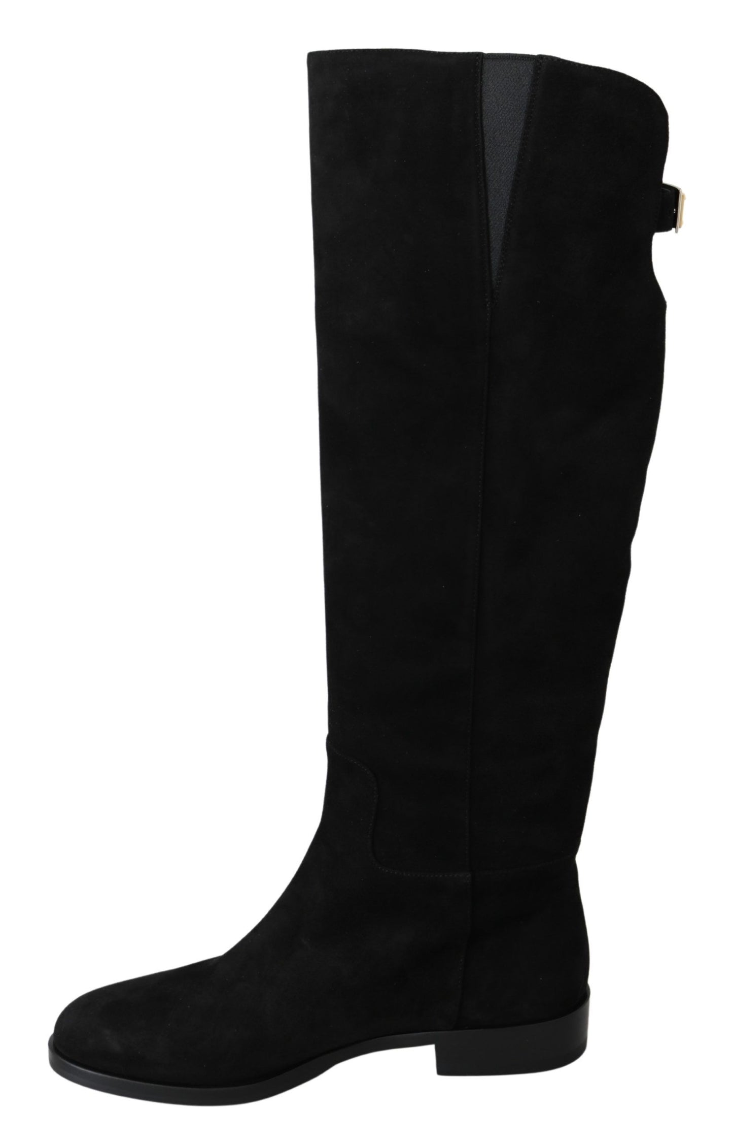 Dolce & Gabbana – Kniehohe, flache Stiefel aus schwarzem Wildleder