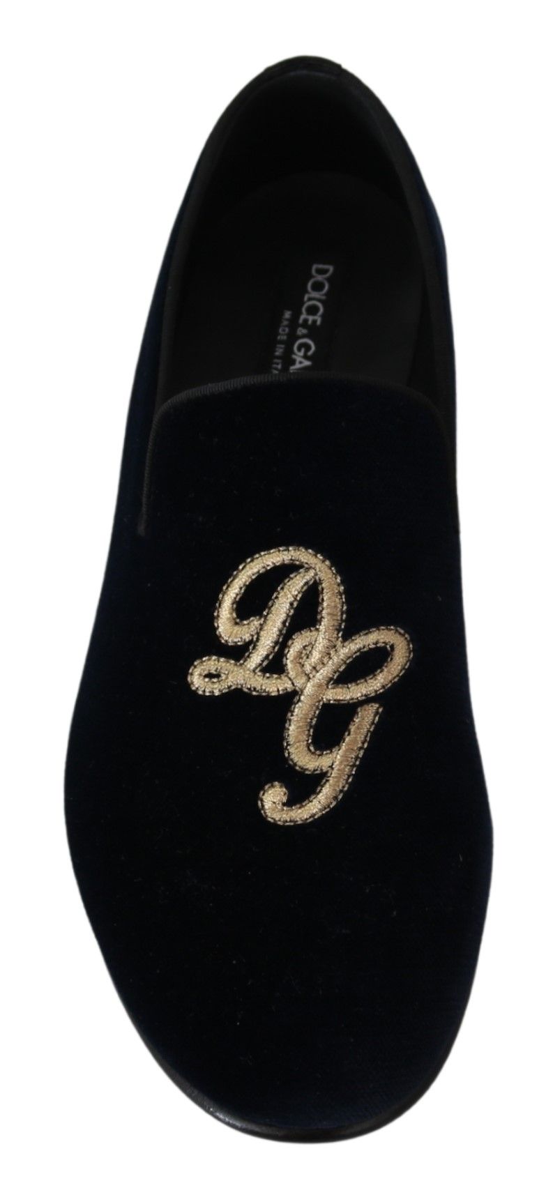 Dolce & Gabbana Slipper-Loafer aus blauem Samt mit goldenem Logo
