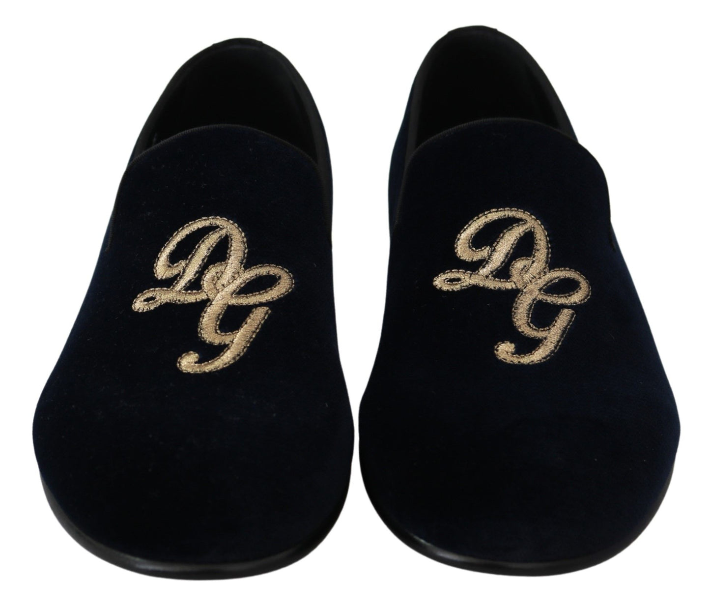Dolce & Gabbana Slipper-Loafer aus blauem Samt mit goldenem Logo