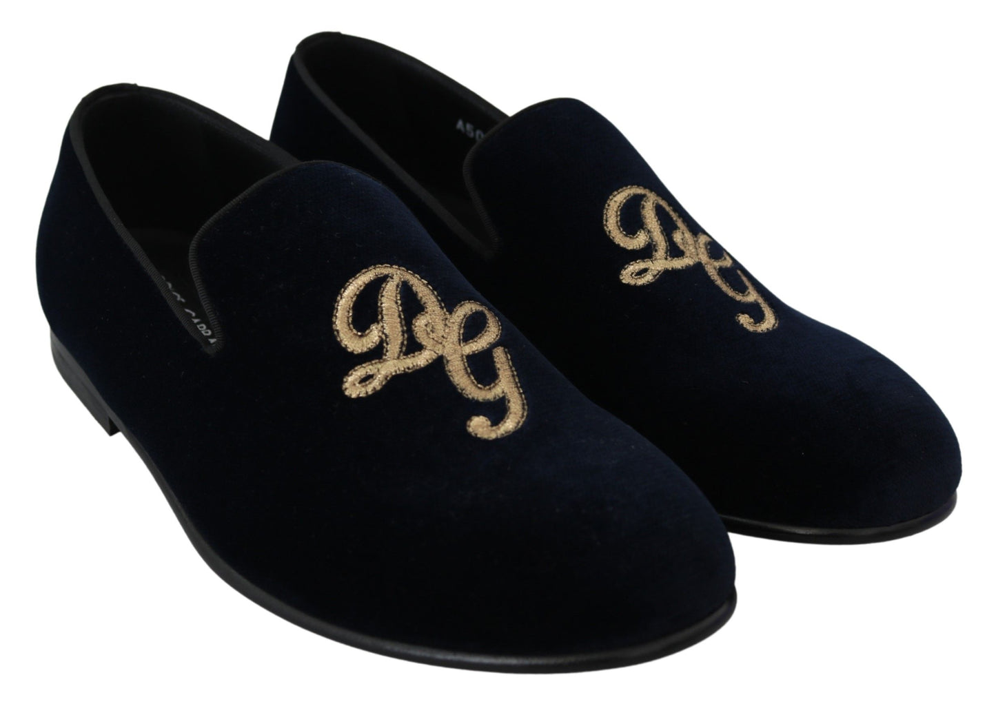 Dolce & Gabbana Slipper-Loafer aus blauem Samt mit goldenem Logo