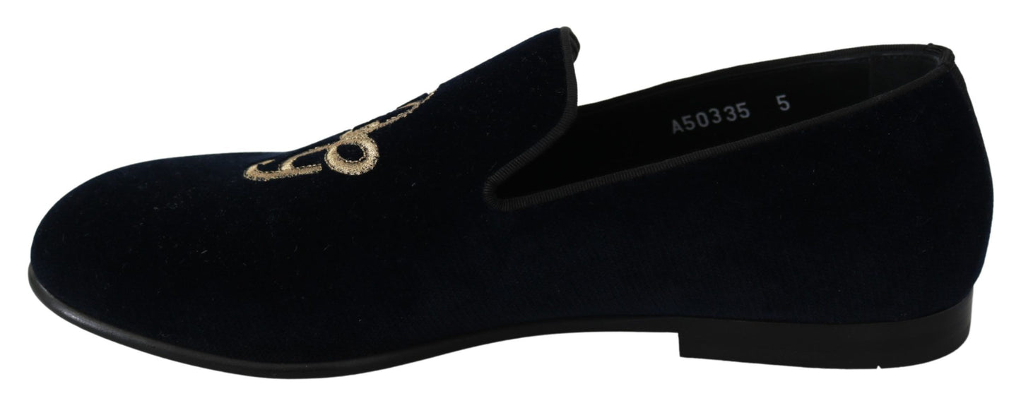 Dolce & Gabbana Slipper-Loafer aus blauem Samt mit goldenem Logo