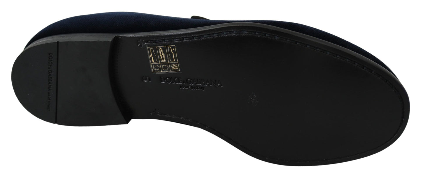 Dolce & Gabbana Slipper-Loafer aus blauem Samt mit goldenem Logo
