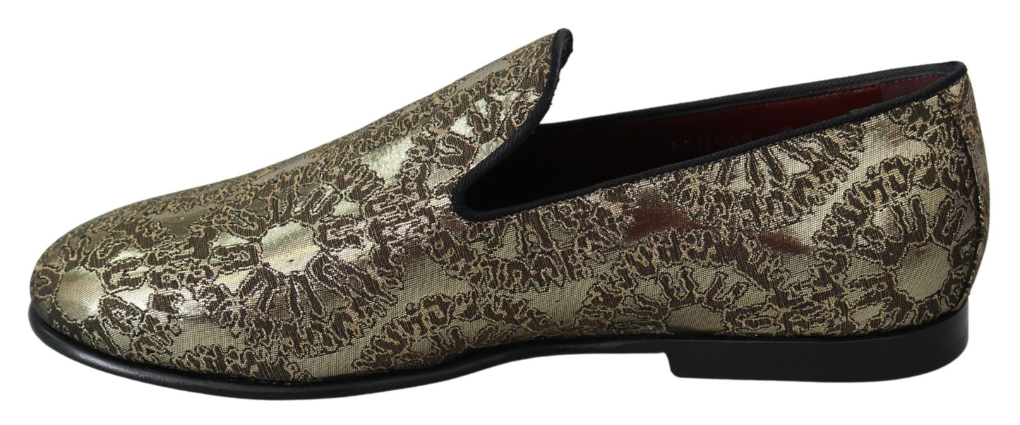 Dolce & Gabbana Gold Jacquard Flats Herren Loafer Schuhe