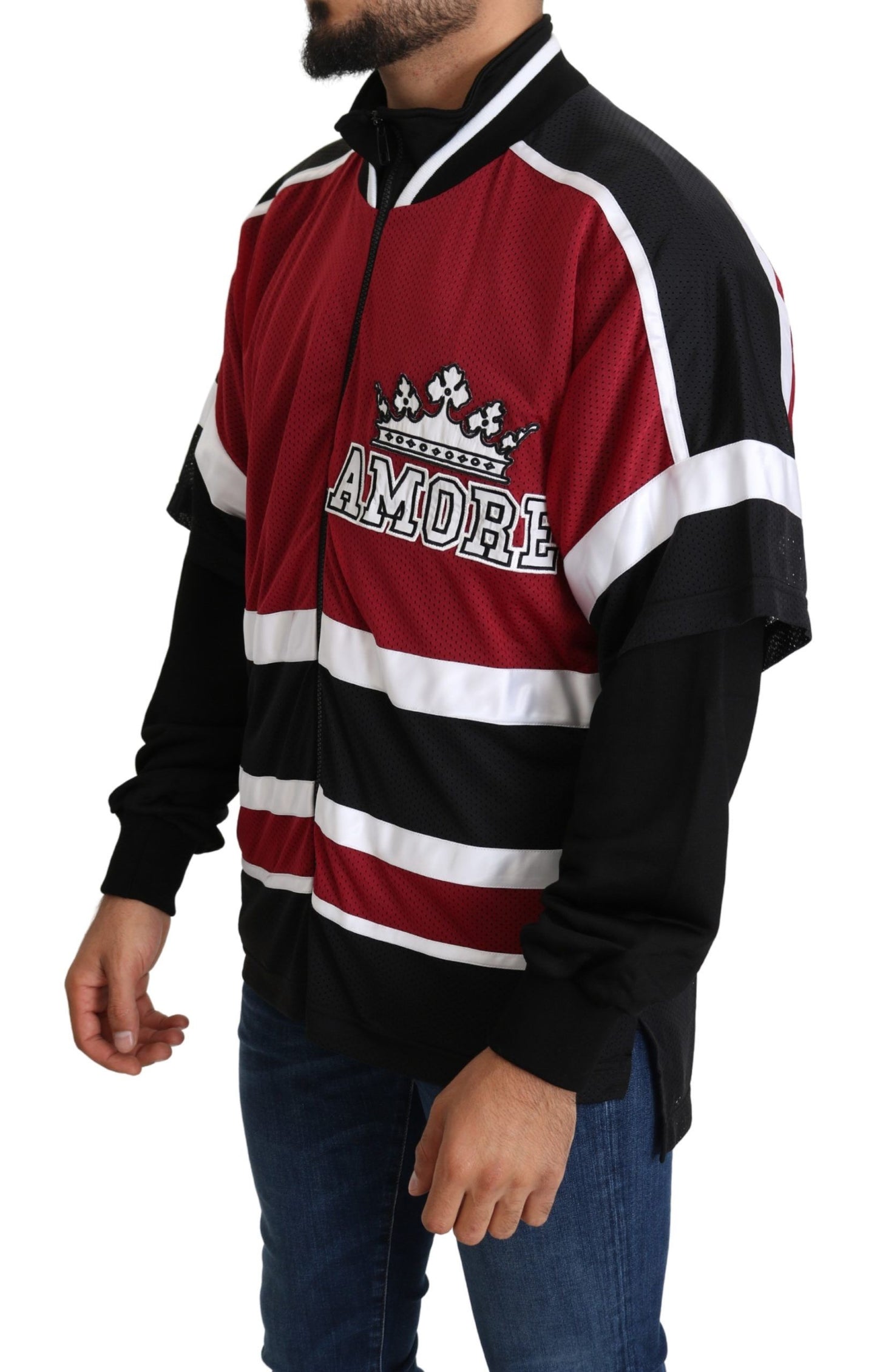 Dolce & Gabbana Rot-Schwarzer AMORE Sport-Pullover mit durchgehendem Reißverschluss