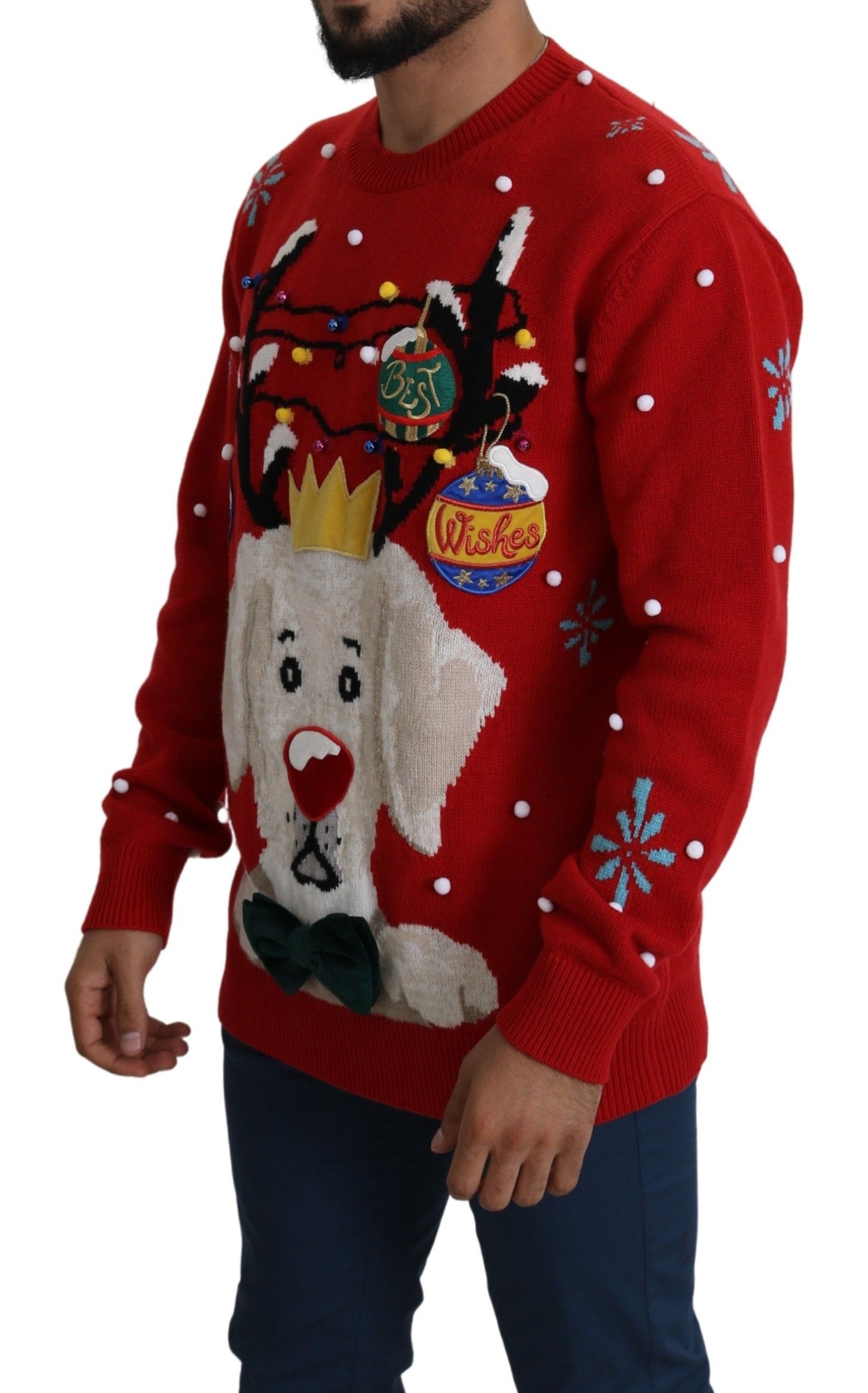Dolce & Gabbana – Roter Weihnachtspullover mit Hundemotiv aus Kaschmir