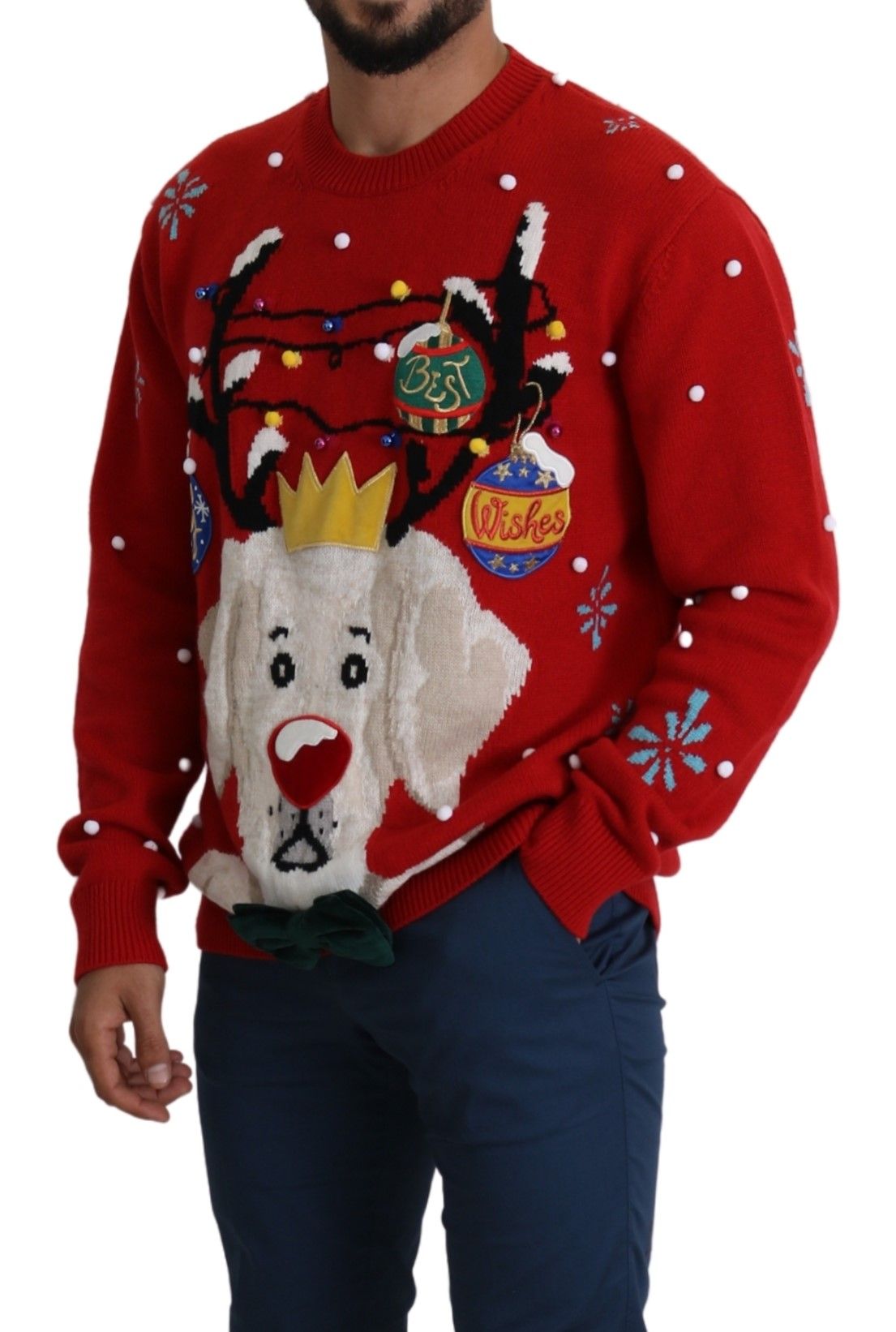Dolce & Gabbana – Roter Weihnachtspullover mit Hundemotiv aus Kaschmir