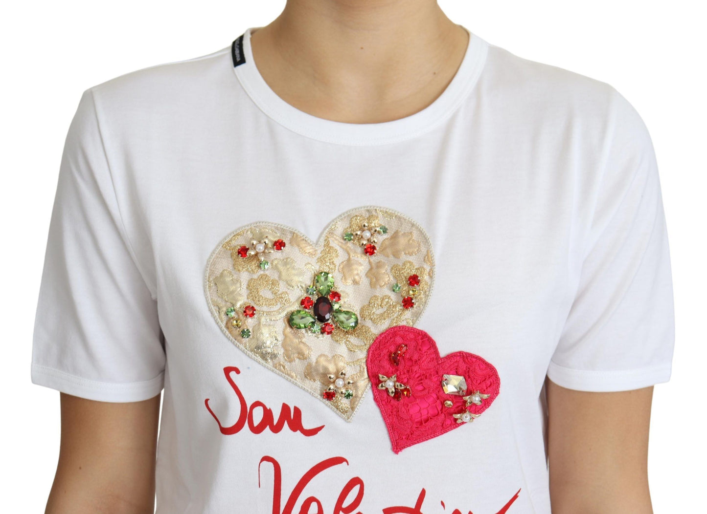Dolce & Gabbana – Weißes T-Shirt-Oberteil „San Valentino“ mit Herzkristallen
