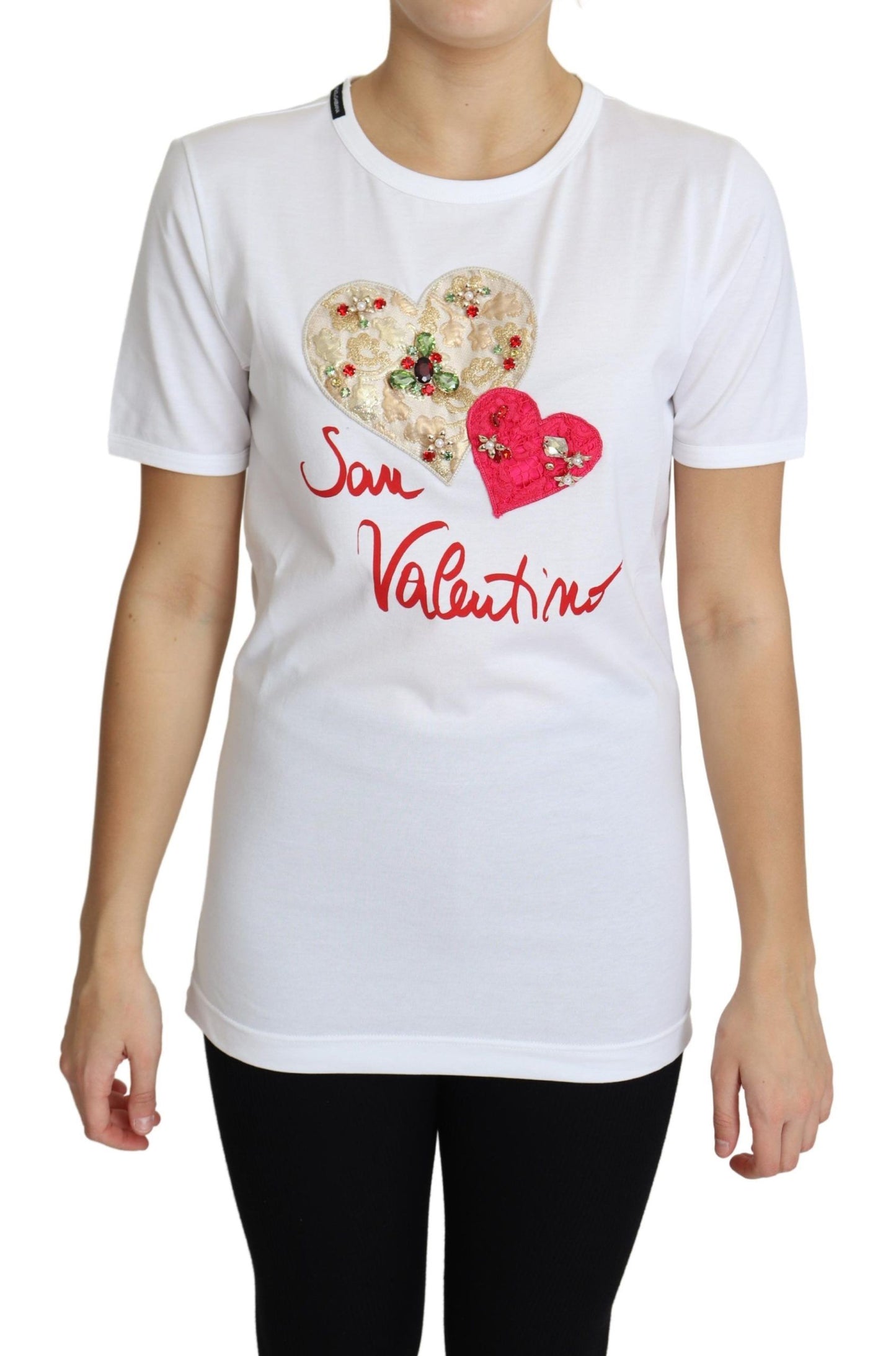 Dolce & Gabbana – Weißes T-Shirt-Oberteil „San Valentino“ mit Herzkristallen