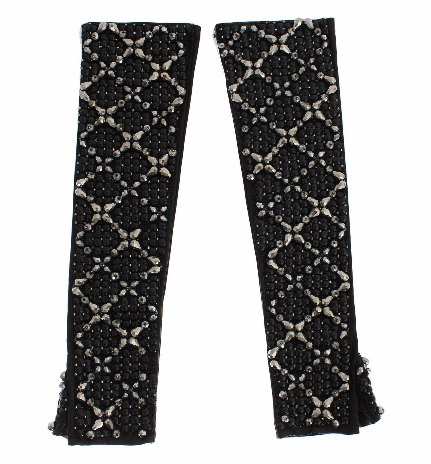 Dolce & Gabbana – Fingerlose Handschuhe aus schwarzem Leder mit Kristallperlen
