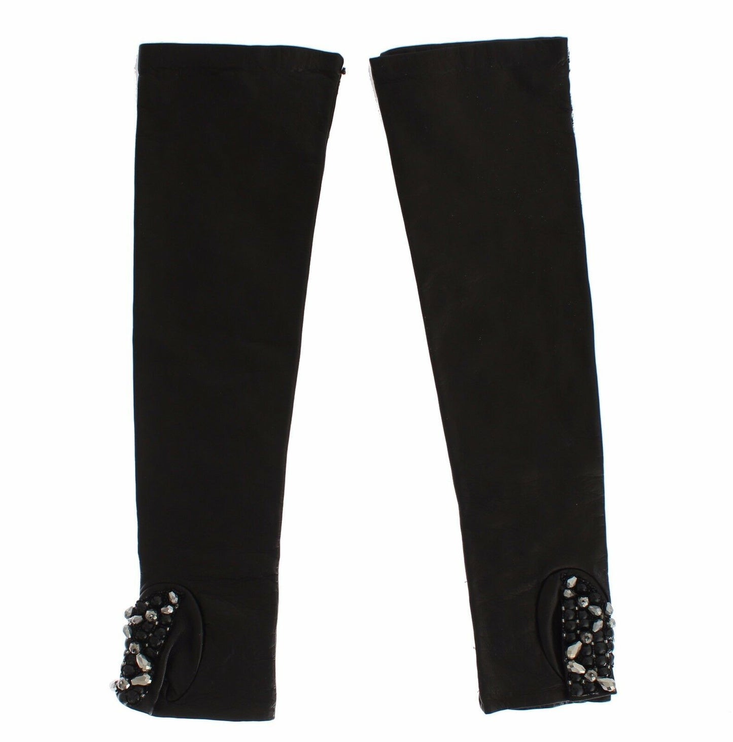 Dolce & Gabbana – Fingerlose Handschuhe aus schwarzem Leder mit Kristallperlen