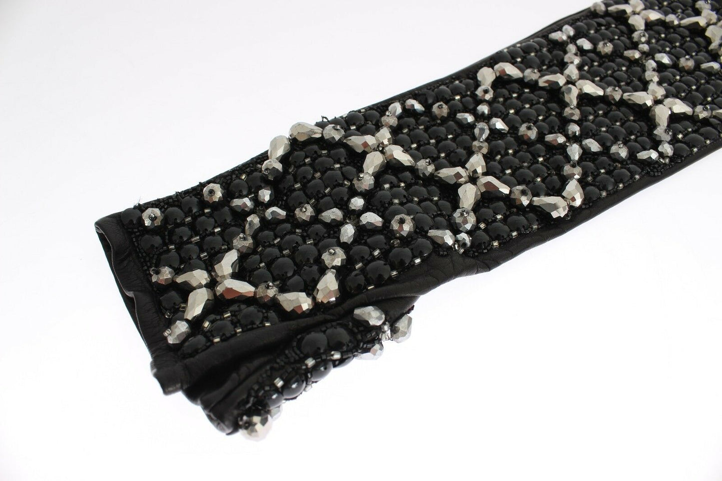 Dolce & Gabbana – Fingerlose Handschuhe aus schwarzem Leder mit Kristallperlen