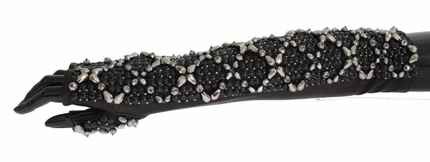 Dolce & Gabbana – Fingerlose Handschuhe aus schwarzem Leder mit Kristallperlen