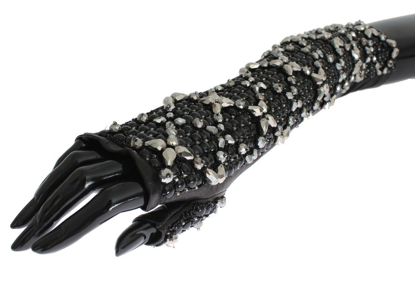 Dolce & Gabbana – Fingerlose Handschuhe aus schwarzem Leder mit Kristallperlen