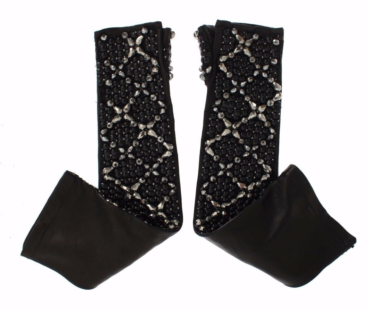 Dolce & Gabbana – Fingerlose Handschuhe aus schwarzem Leder mit Kristallperlen