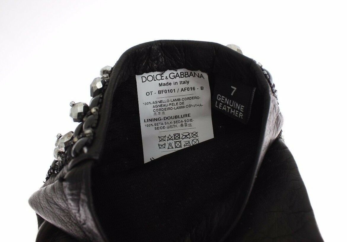Dolce & Gabbana – Fingerlose Handschuhe aus schwarzem Leder mit Kristallperlen