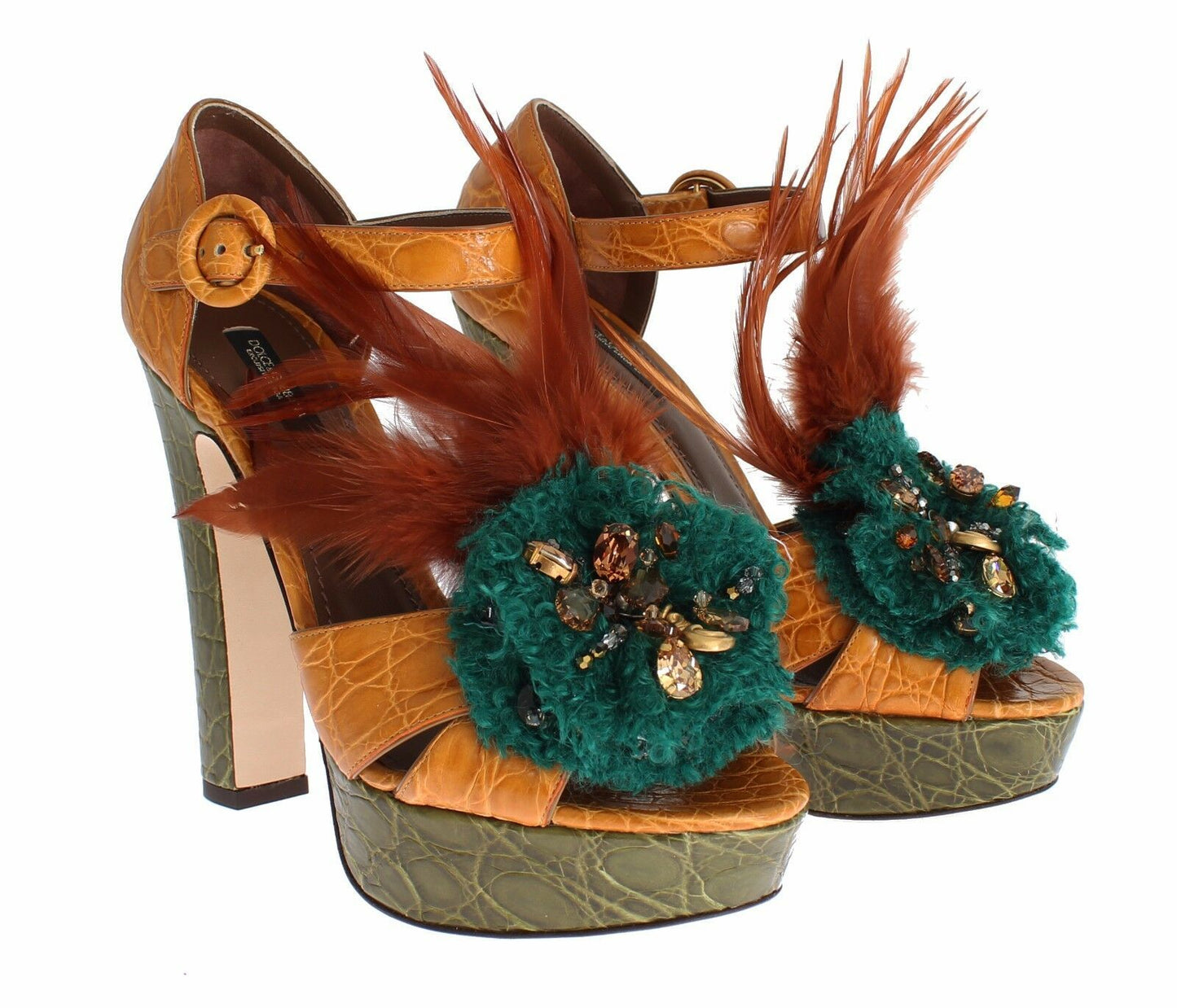 Dolce & Gabbana – Orangefarbene Plateau-Sandalen aus Leder mit Kristallen
