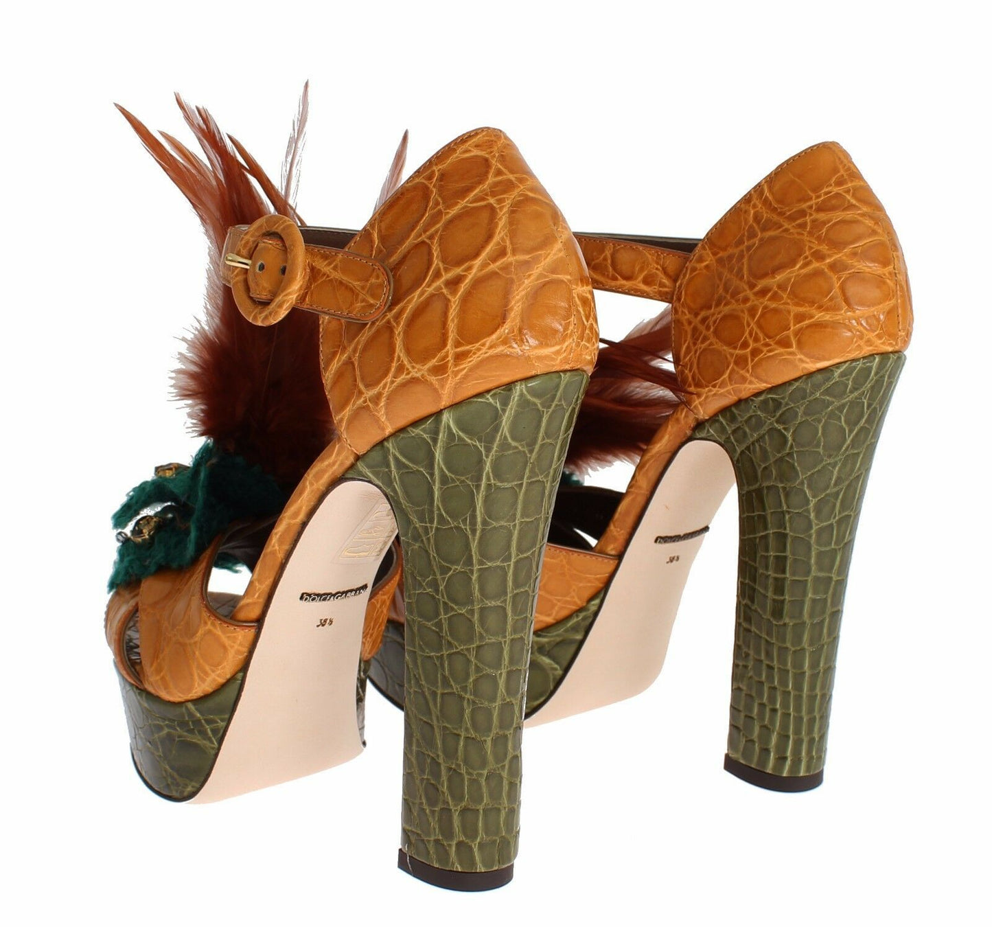 Dolce & Gabbana – Orangefarbene Plateau-Sandalen aus Leder mit Kristallen