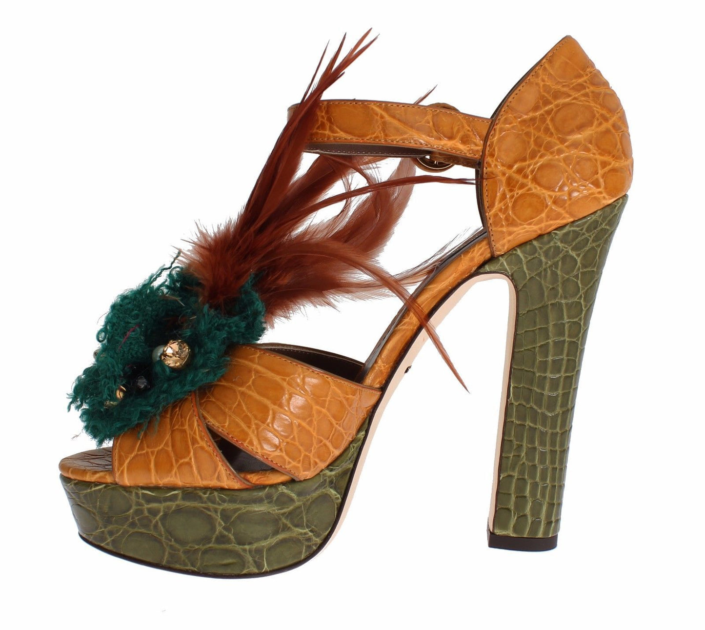 Dolce & Gabbana – Orangefarbene Plateau-Sandalen aus Leder mit Kristallen