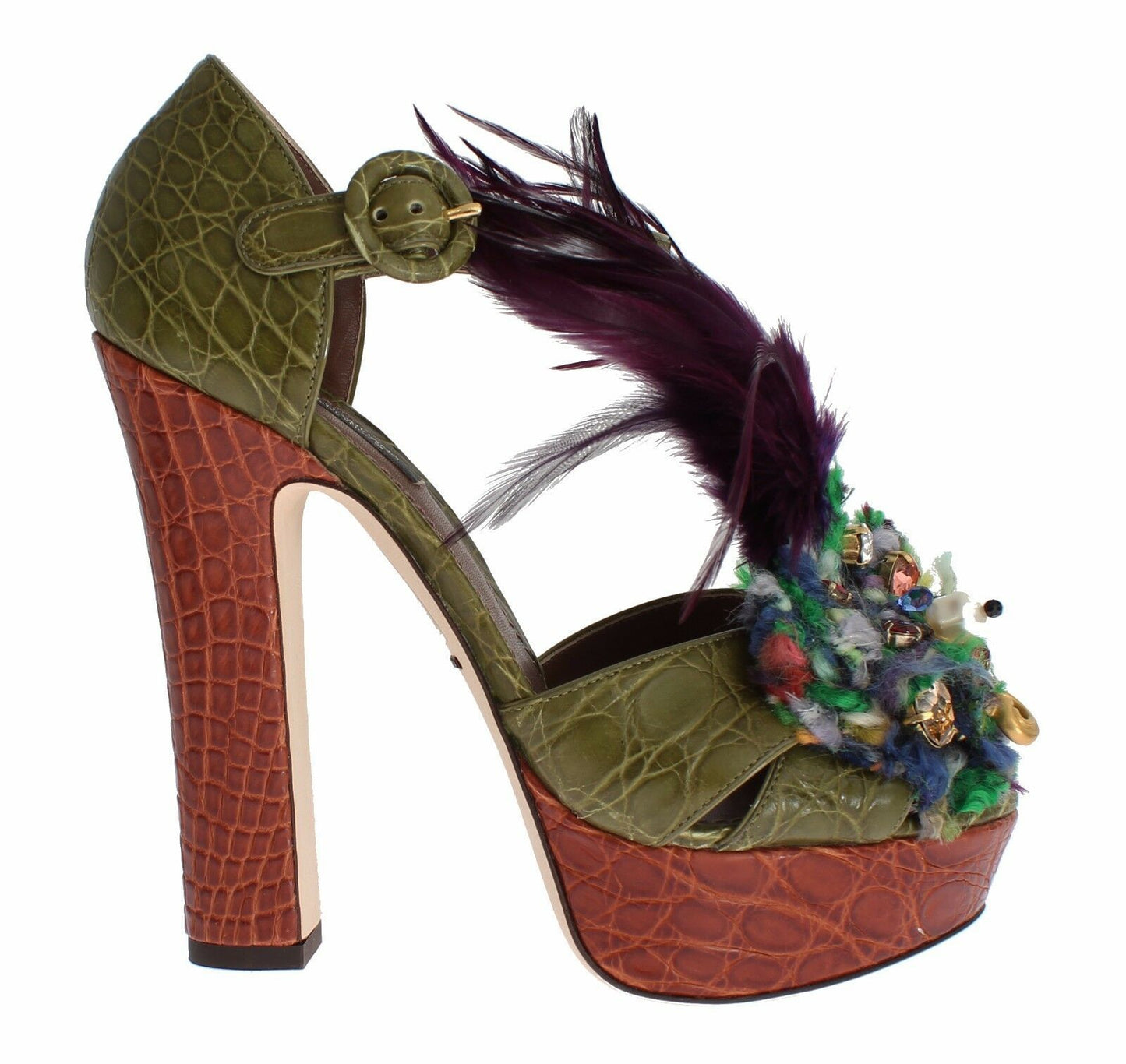Dolce & Gabbana – Grüne Plateausandalen aus Leder mit Kristallen