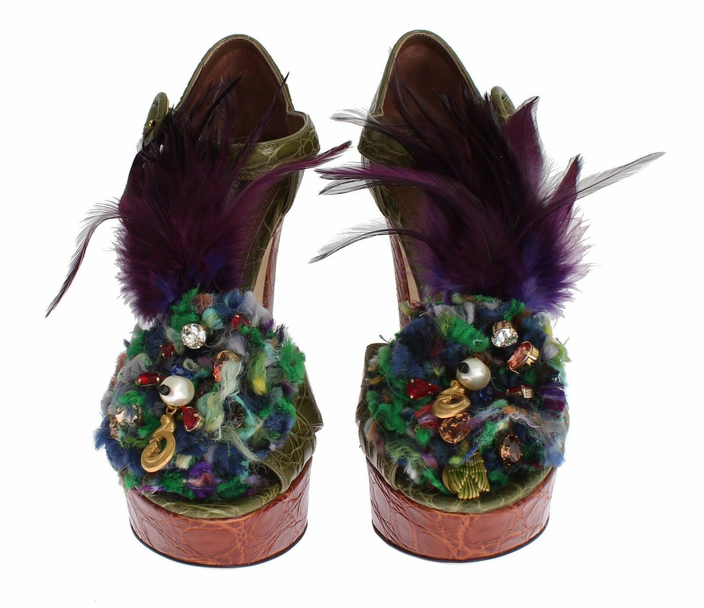 Dolce & Gabbana – Grüne Plateausandalen aus Leder mit Kristallen