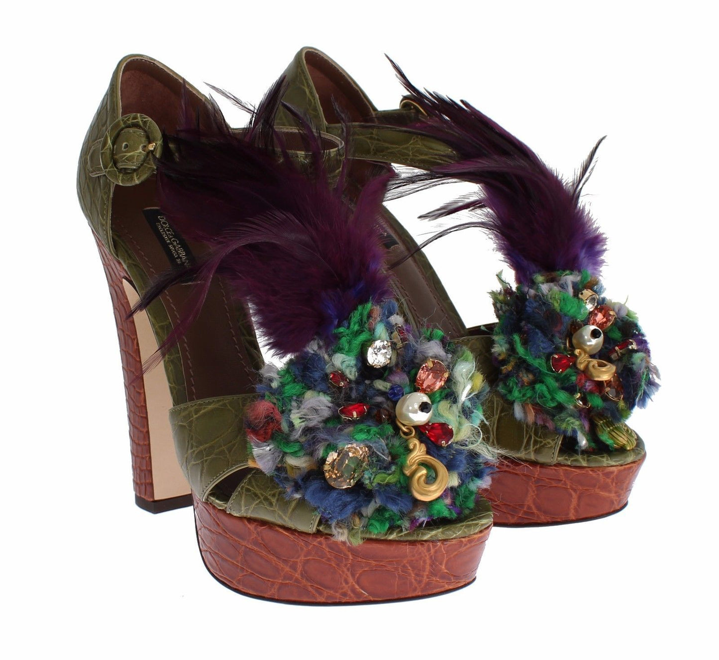 Dolce & Gabbana – Grüne Plateausandalen aus Leder mit Kristallen
