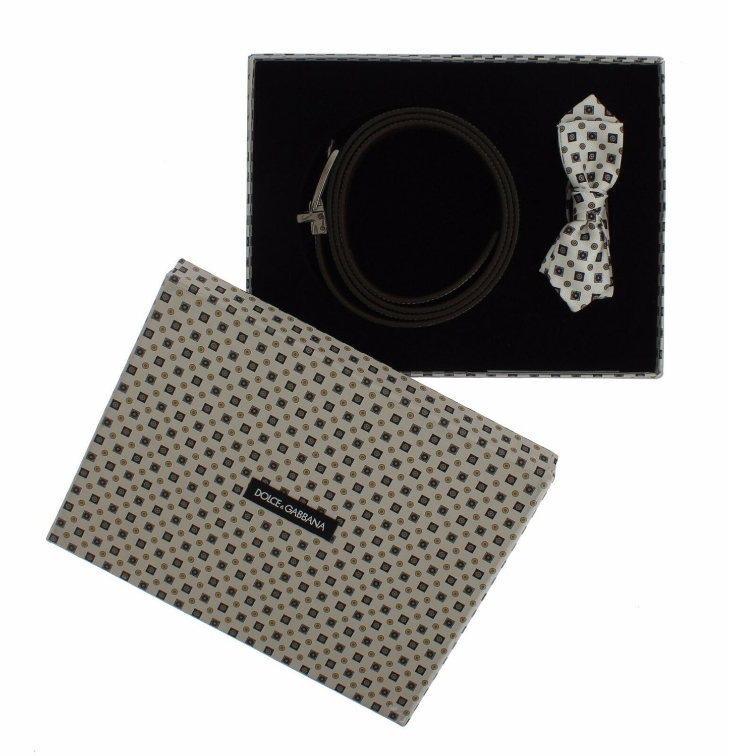 Dolce & Gabbana Herrengürtel aus weißer Seide mit Fliege und Leder in Geschenkbox