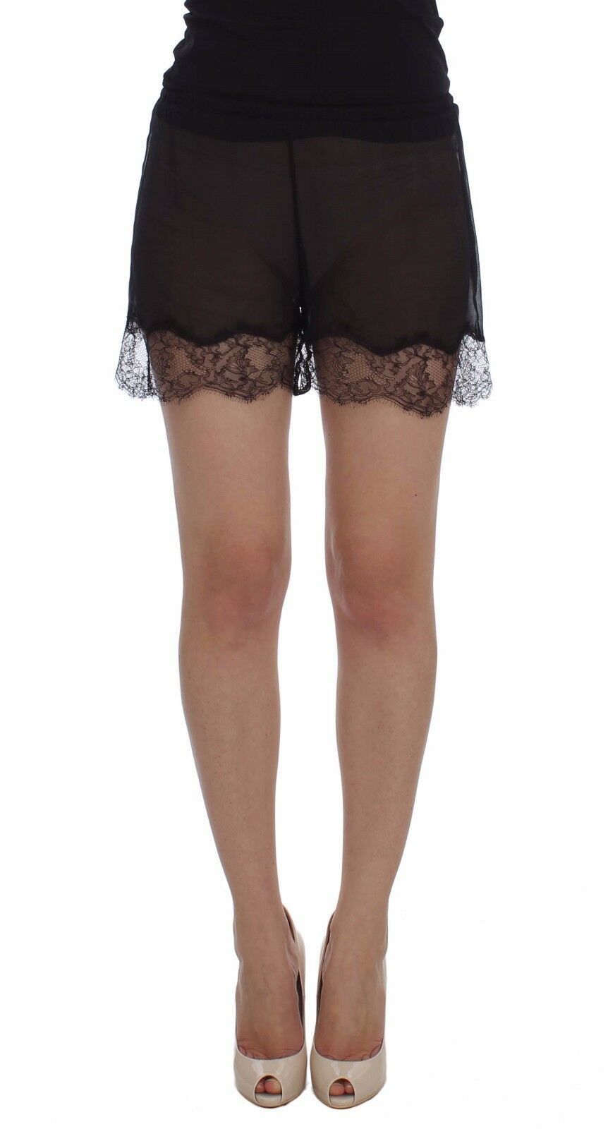 Dolce & Gabbana – Schwarze Nachtwäsche-Shorts aus Seide mit Blumenspitze