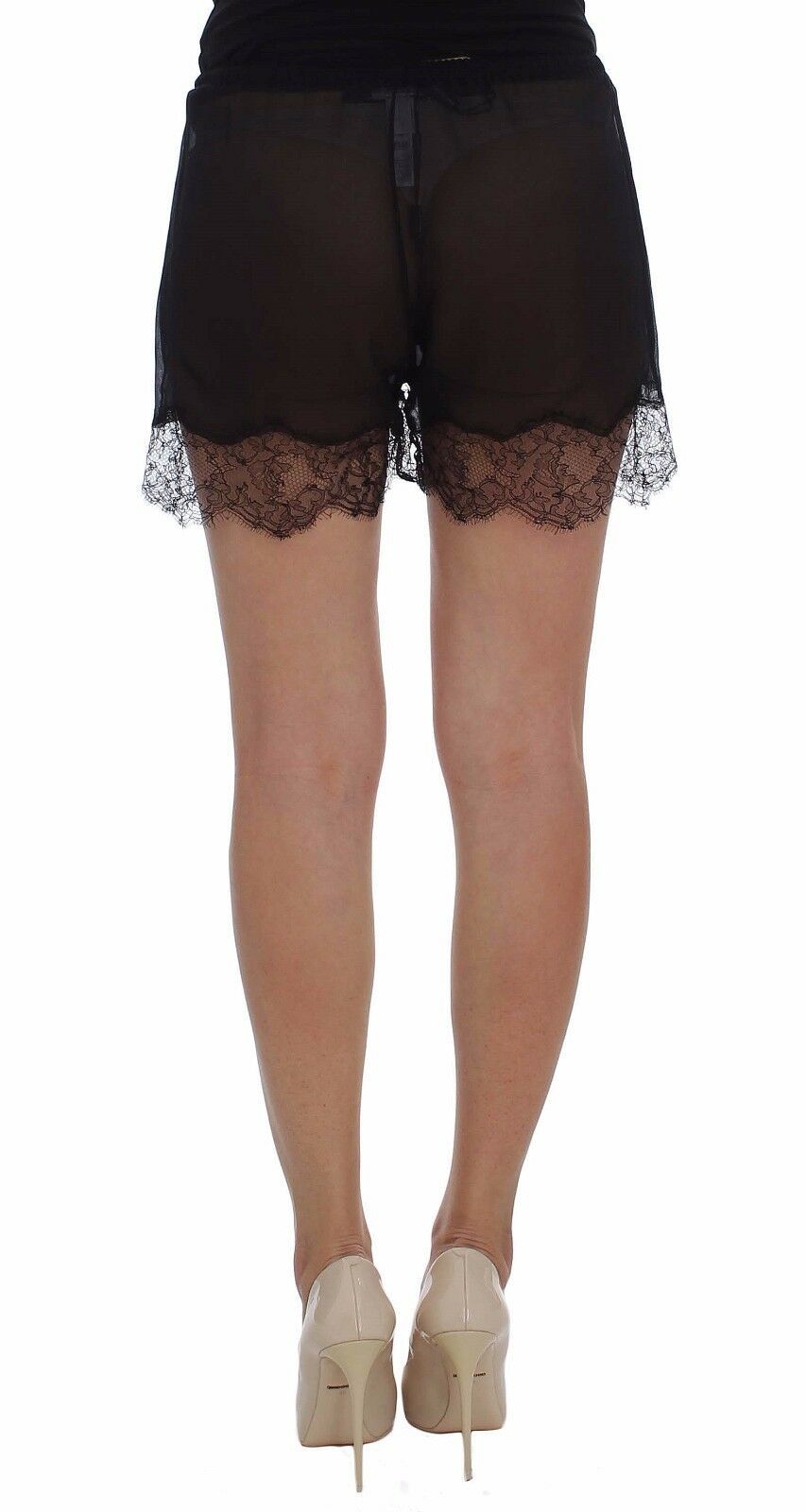 Dolce & Gabbana – Schwarze Nachtwäsche-Shorts aus Seide mit Blumenspitze