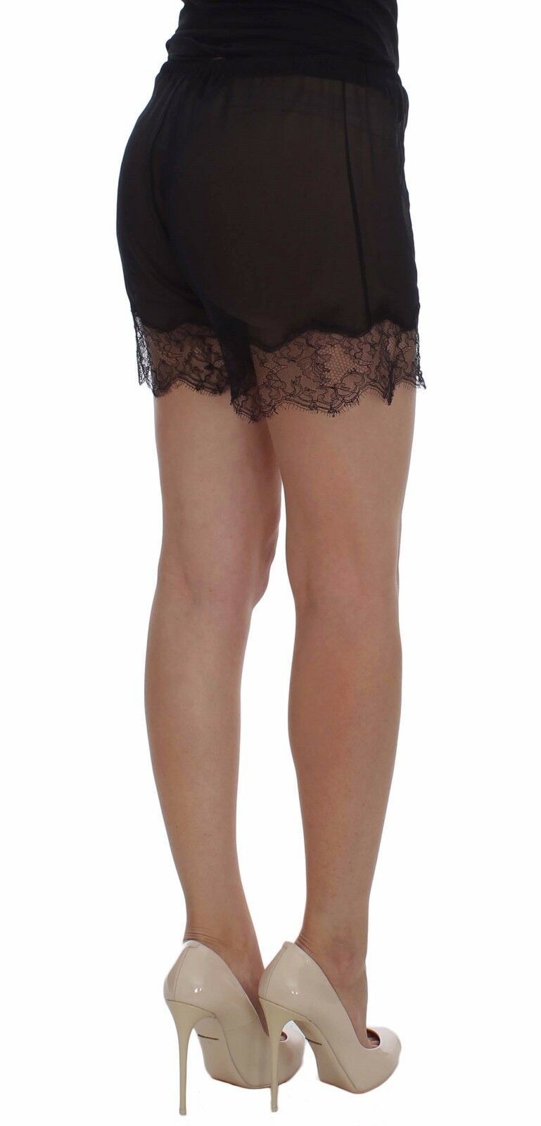 Dolce & Gabbana – Schwarze Nachtwäsche-Shorts aus Seide mit Blumenspitze
