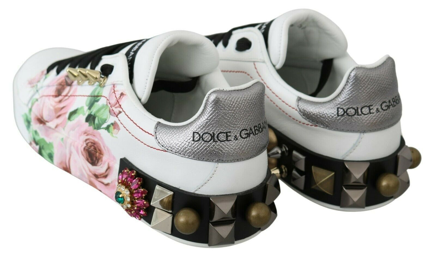 Dolce & Gabbana Weiße Leder Kristall Rosen Blumen Sneakers Schuhe
