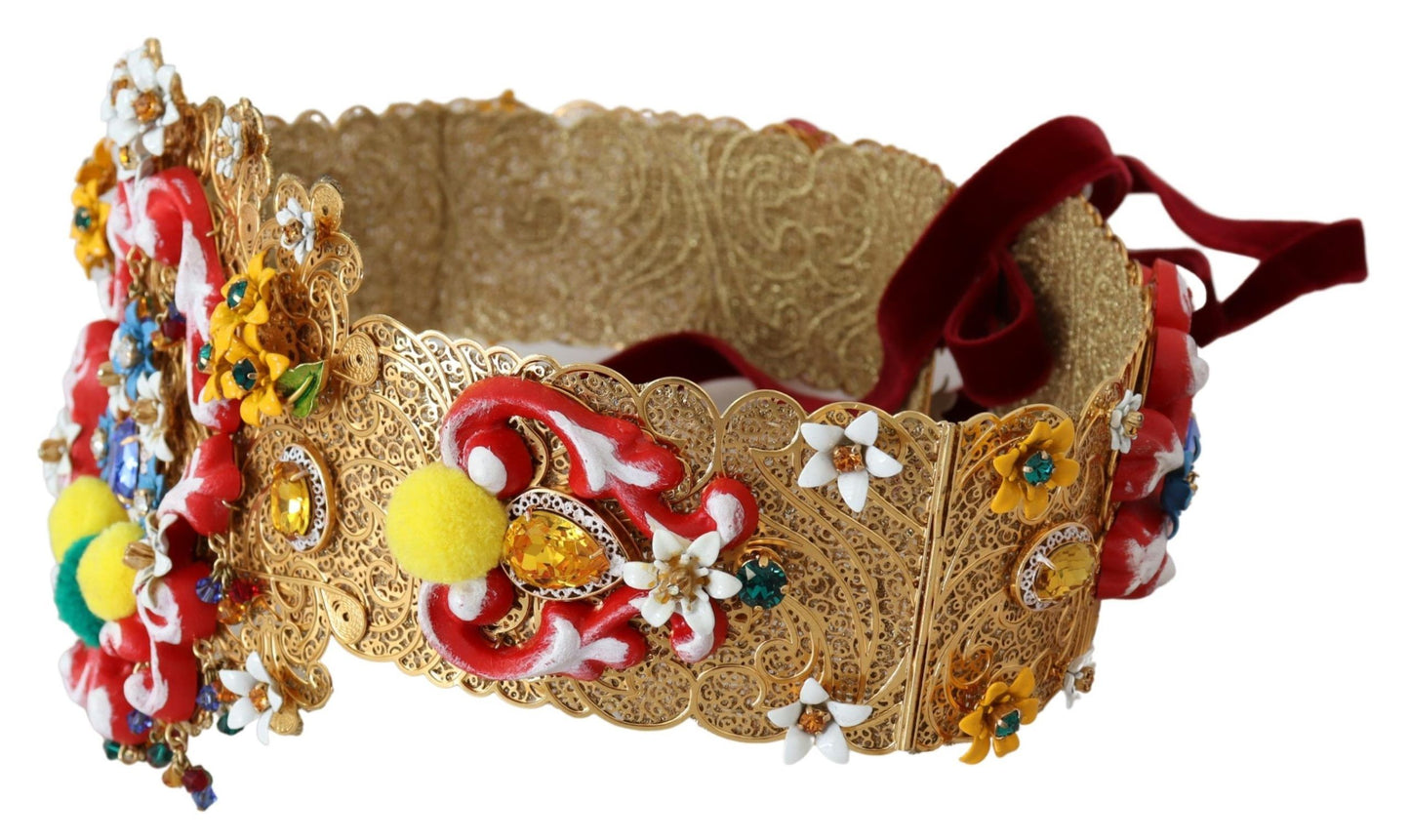 Dolce & Gabbana – Breiter Carretto-Gürtel mit Blumen- und Kristallverzierung