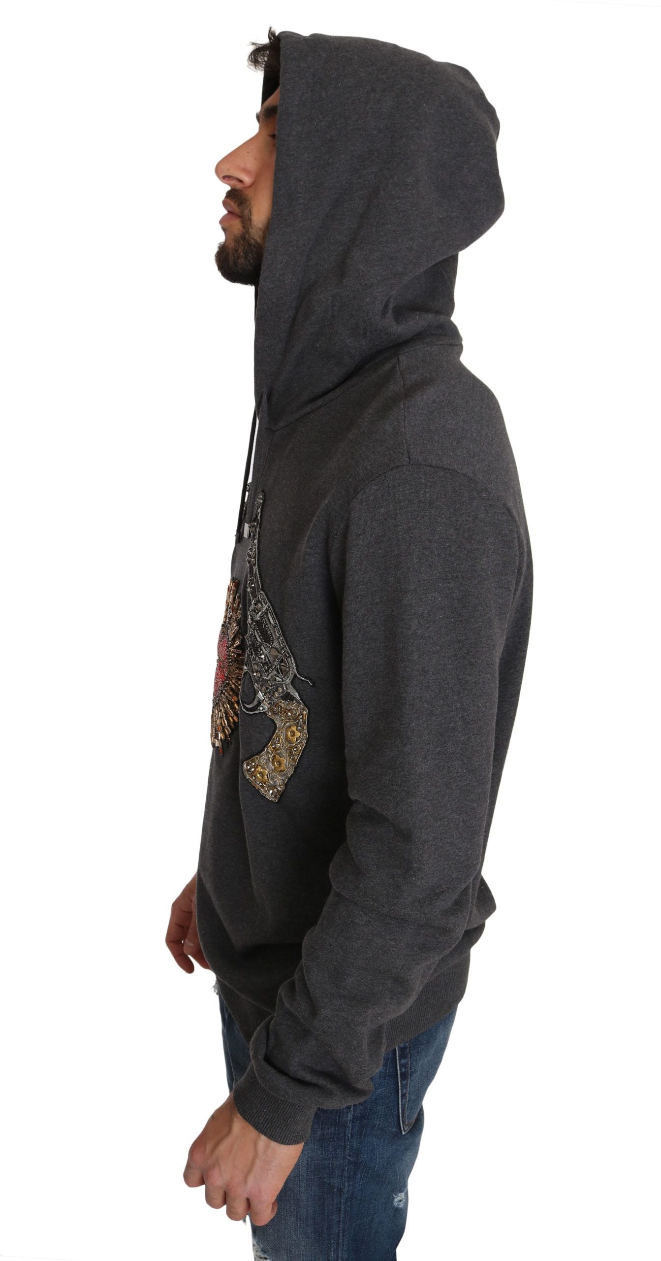 Dolce & Gabbana Grauer Kapuzenpullover mit rotem Kristallherz und Pistole