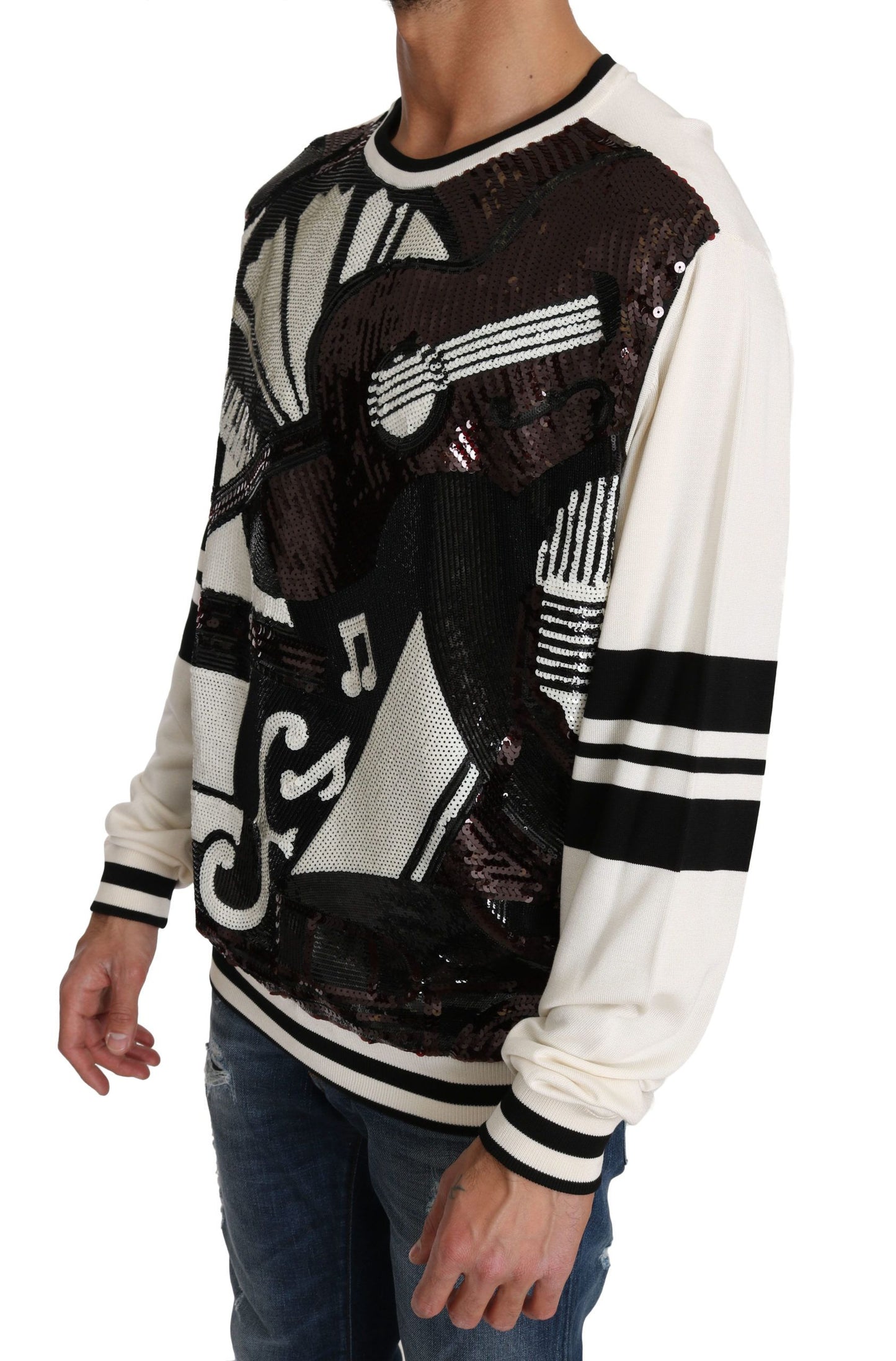 Dolce & Gabbana Weißer Jazz-Pullover mit Pailletten und Gitarre