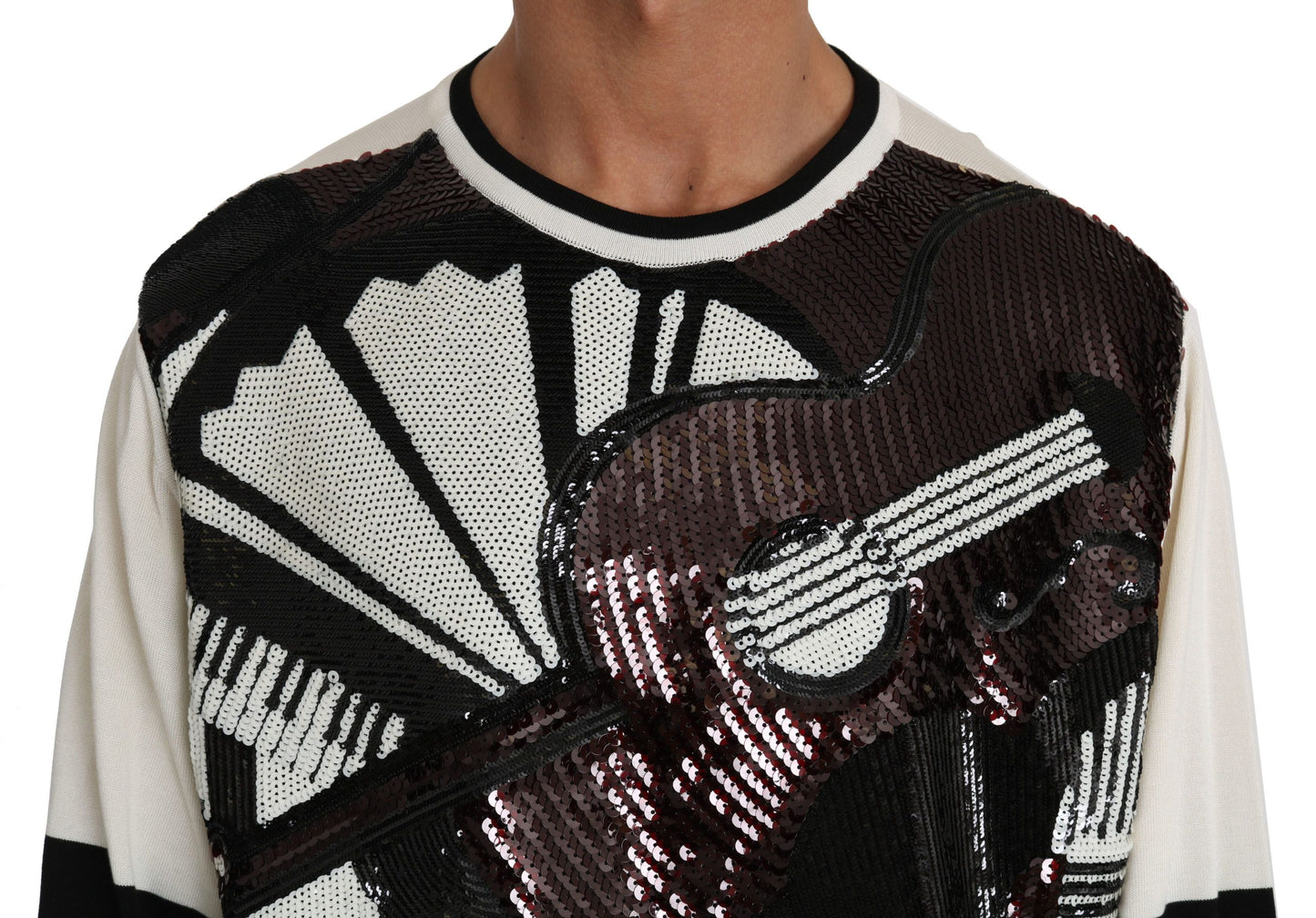 Dolce & Gabbana Weißer Jazz-Pullover mit Pailletten und Gitarre