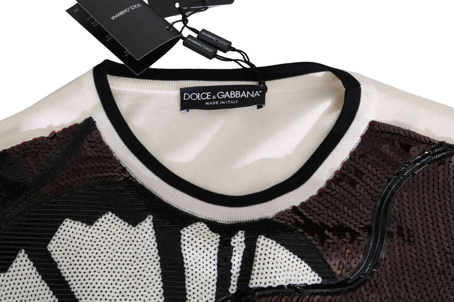 Dolce & Gabbana Weißer Jazz-Pullover mit Pailletten und Gitarre