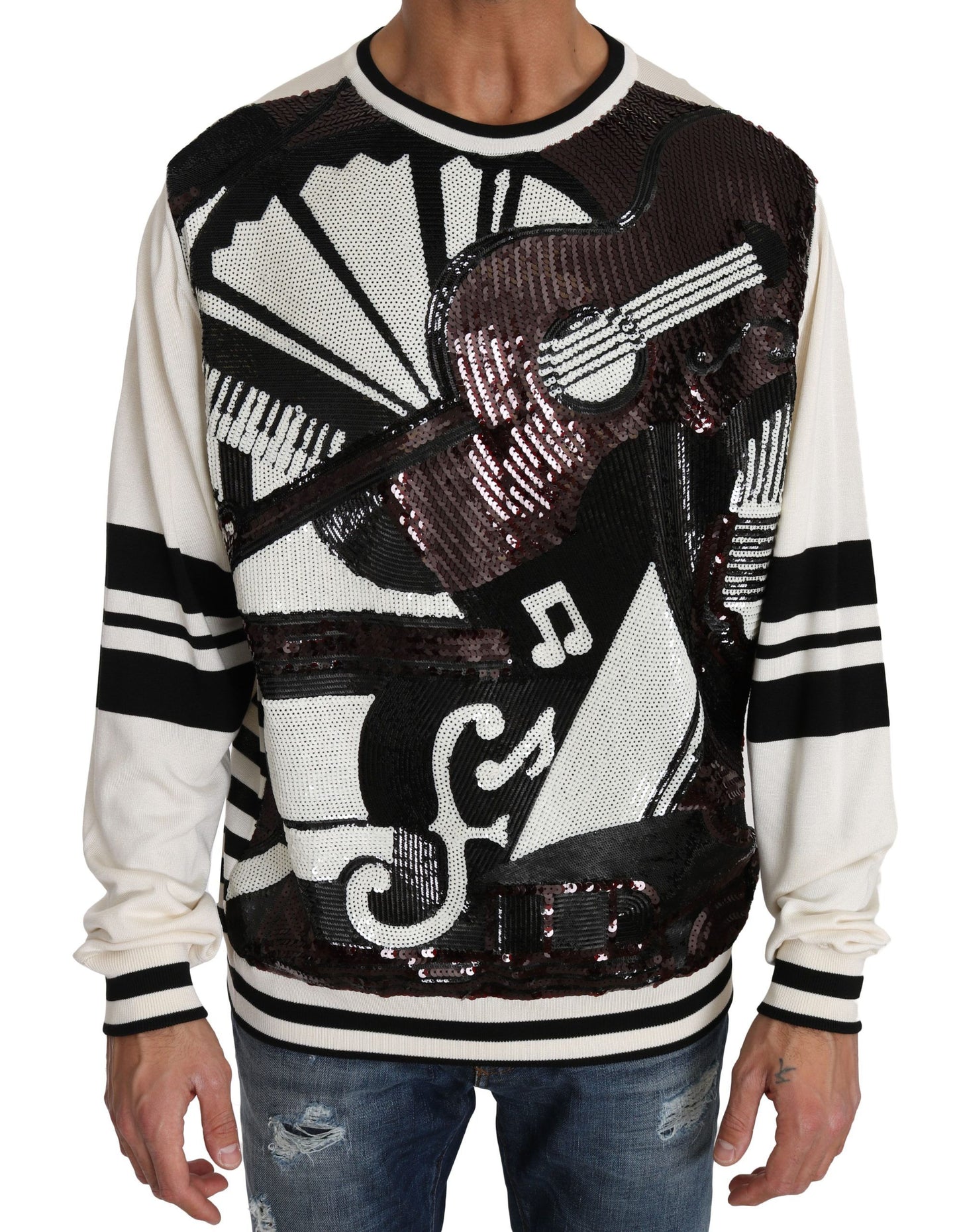 Dolce & Gabbana Weißer Jazz-Pullover mit Pailletten und Gitarre