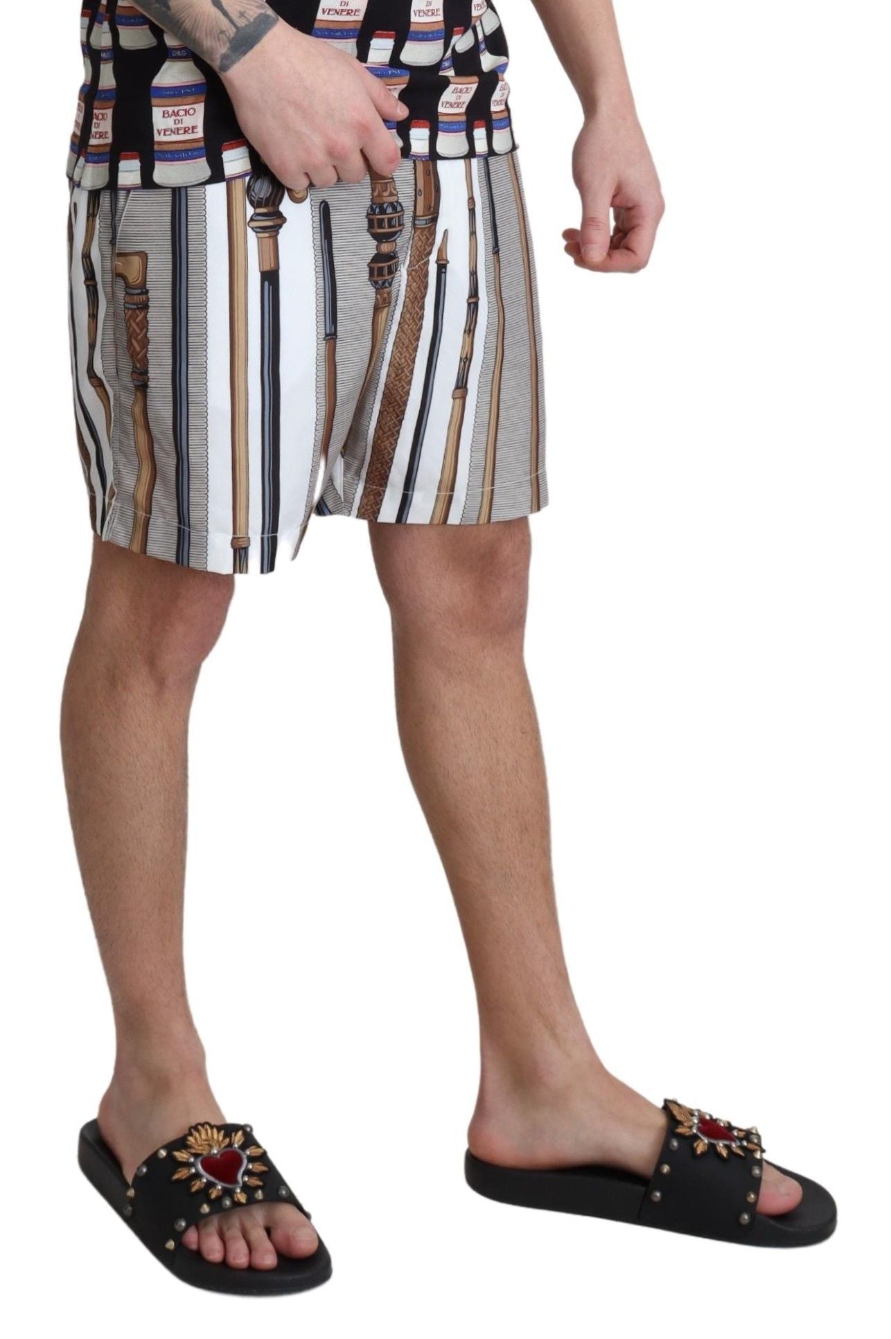 Dolce & Gabbana White Walking Stick Beachwear Shorts Swim Shorts