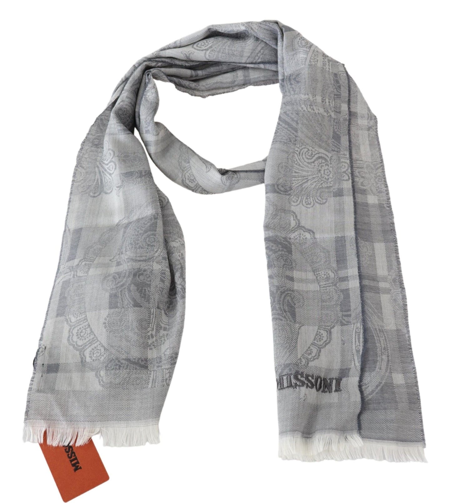 Missoni Grauer Unisex-Halswickelschal aus Wolle mit Blumenmuster und Fransen
